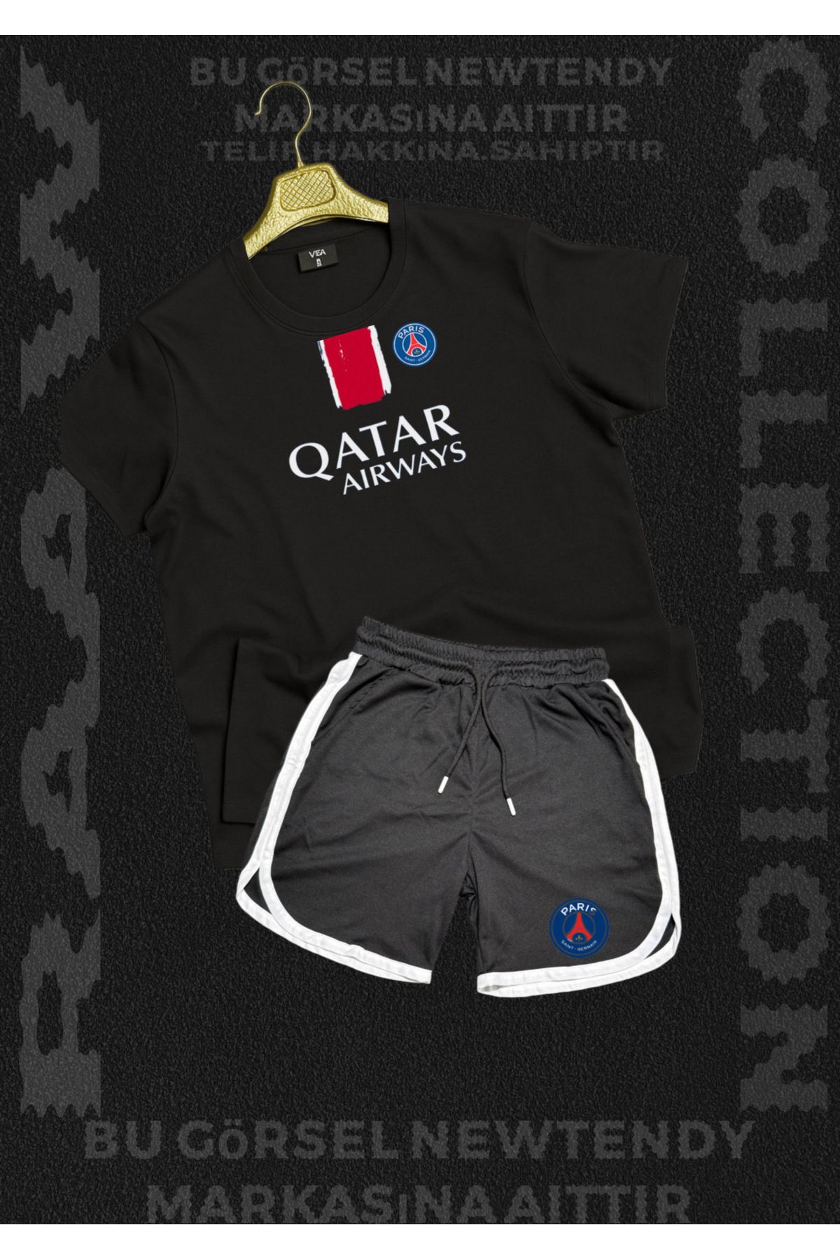 Minikelya Paris Qatar Airways Baskılı Siyah Tişört basket Şort Erkek Spor Takım Kombin Yazlık