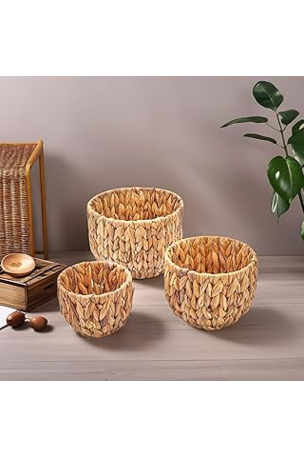 Mu Art 3'Lü El Yapımı Doğal Hasır Yuvarlak Saksı Seti, Hasır El Yapımı Yuvarlak Örgü Saksı 3'Lü Set, Ratta