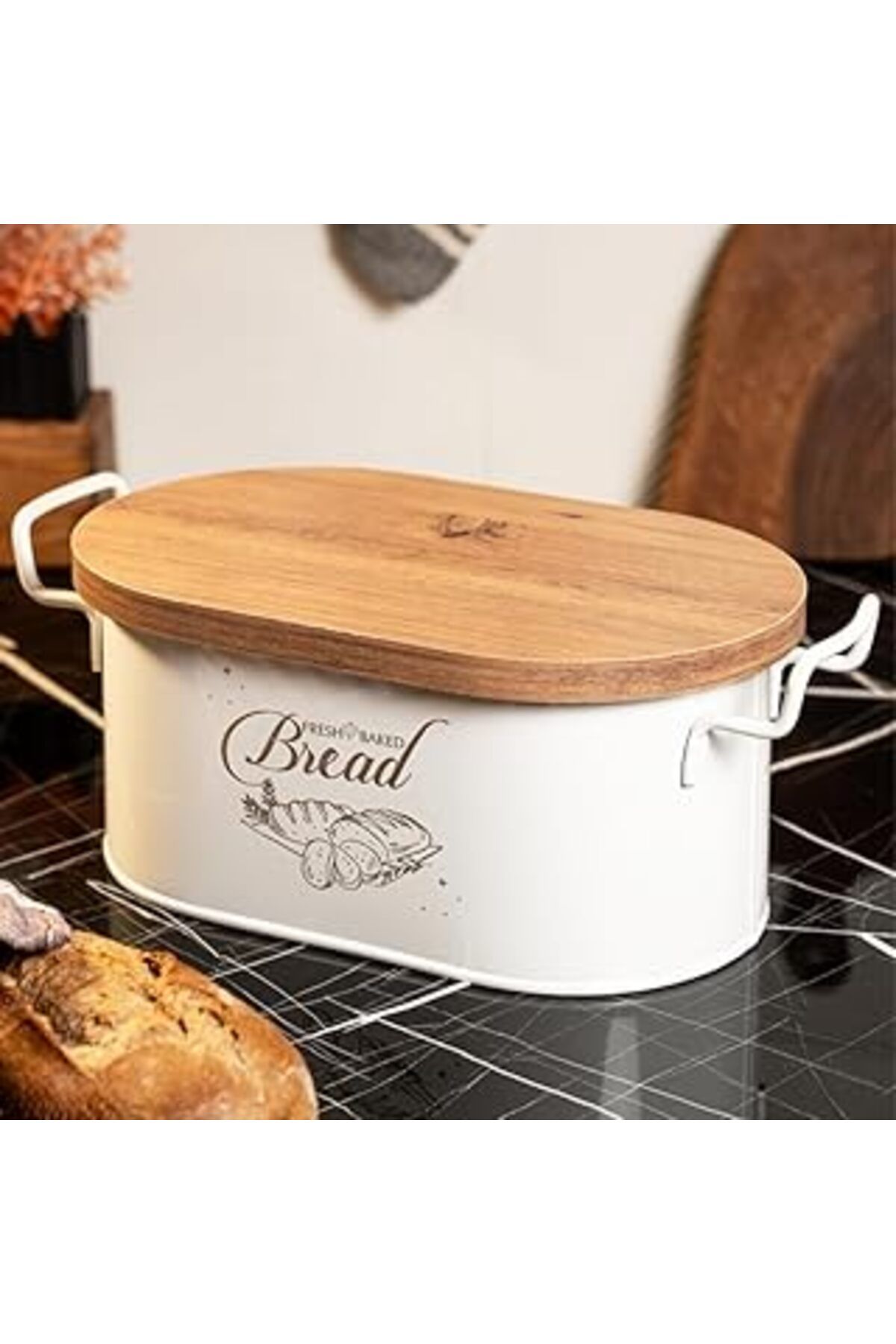 Mu Art Lin Metal Ahşap Kapaklı Tel Kulplu Metal Ekmeklik (Bread Baskılı) Ln1293B