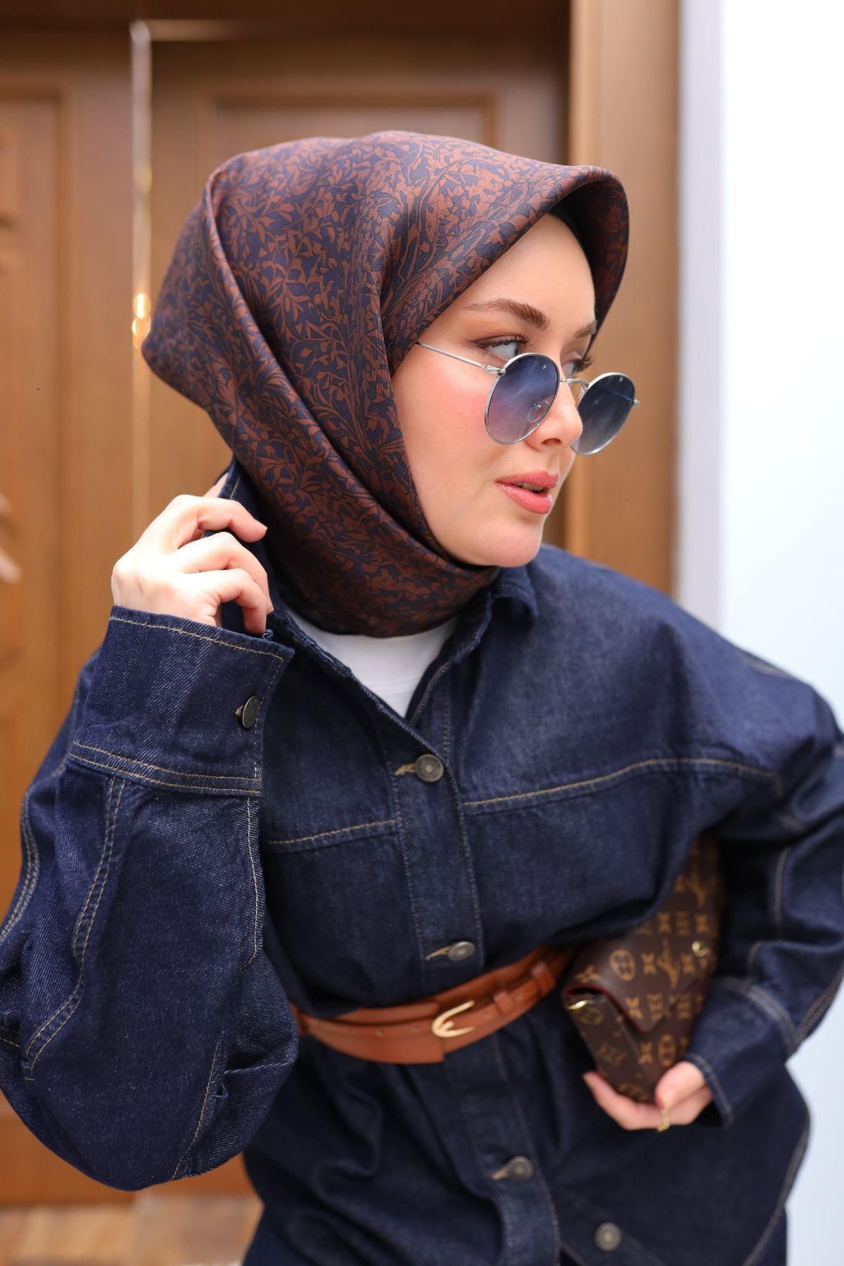 Silk Home Lacivert Kahve Yaprak Desen Saf İpek Tivil Dokuma Eşarp-11459-15-KVS0700