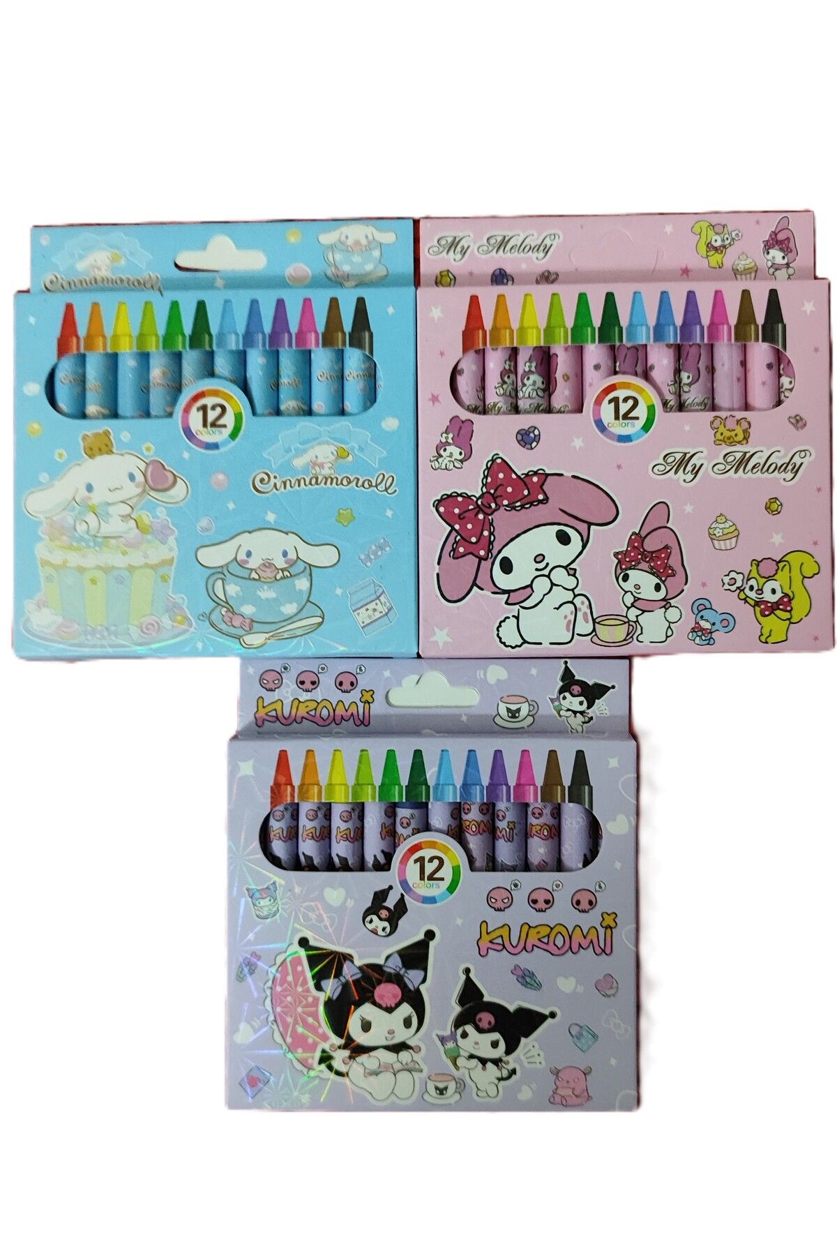 ada çanta kırtasiye Kuromi, Cinnamaroll ve My Melody figürlü 12 li pastel boya kalemi toplam 3 paket