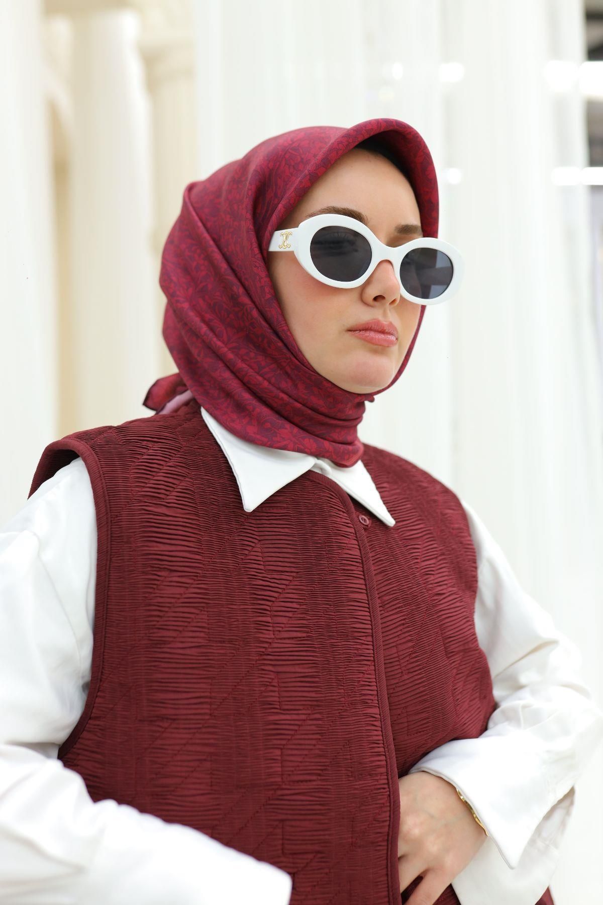 Silk Home Bordo Yaprak Desen Saf İpek Tivil Dokuma Eşarp-11459-47-KVS0694