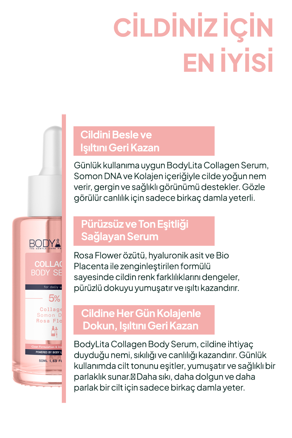 Collagen Serum, Nemlendirici Aydınlatıcı Sıkılaştırıcı %5 Aktif Serum İçerikli Vücut Serumu — BCASVS-01 — تصویر 8 از 8