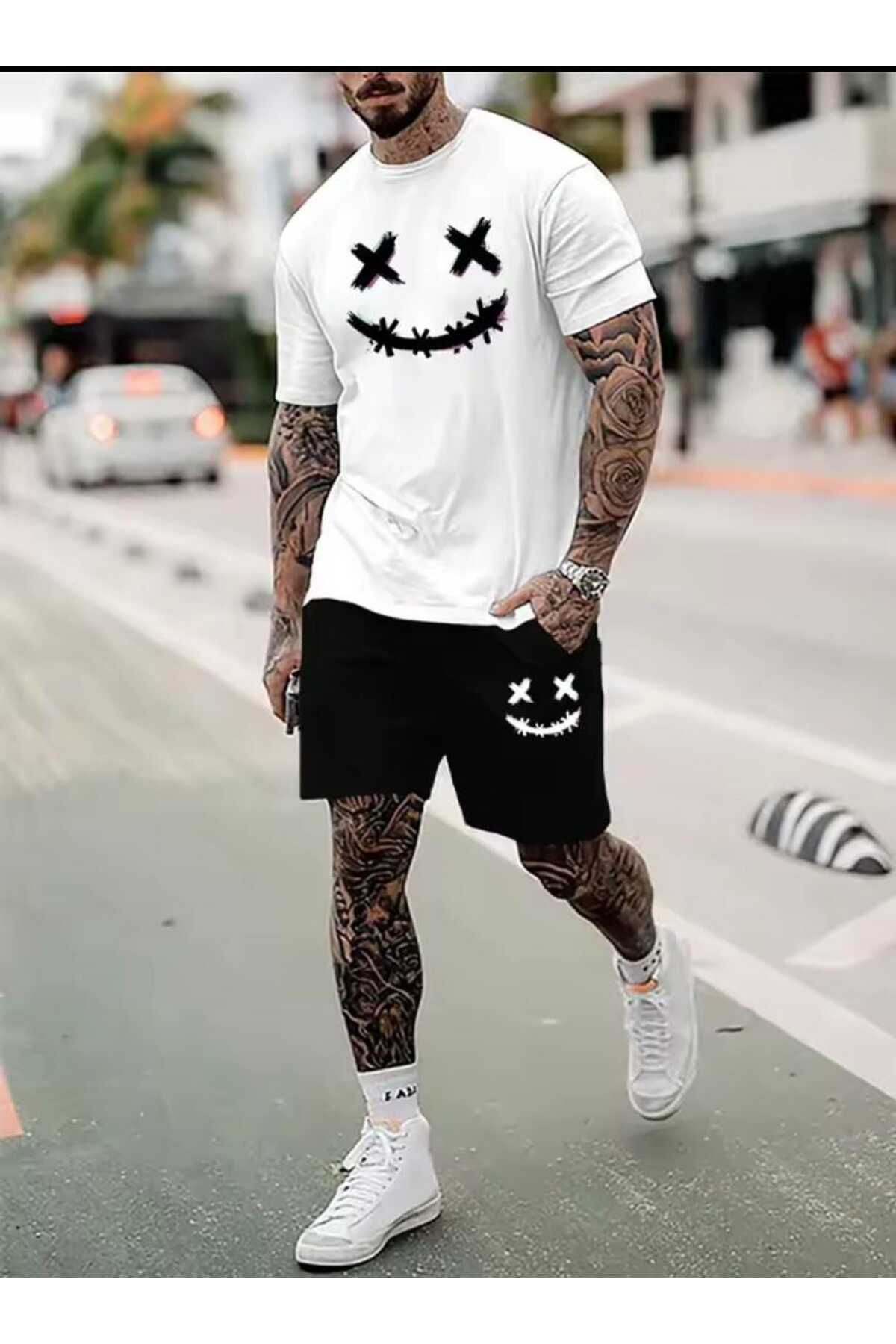 HUIS Saudi Oversize T-shirt Takımı - Baskılı Alt Üst Şort Takımı