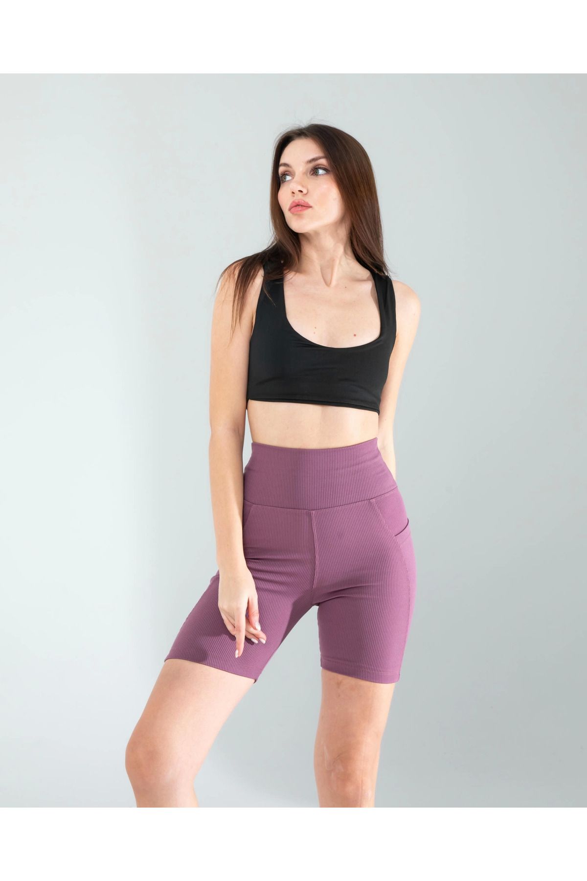 POLEXP Lila Fitilli Push Up Toparlayıcı Biker Spor Tayt