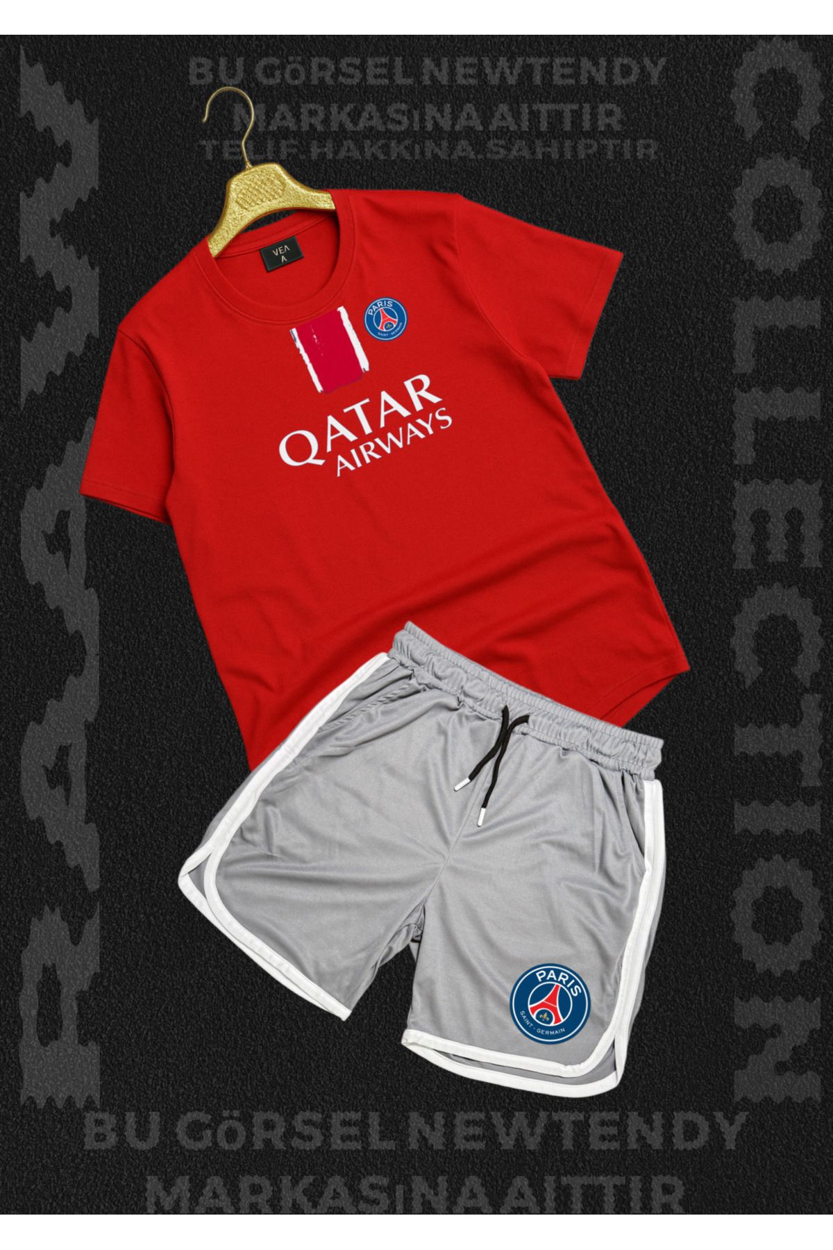 Minikelya Paris Qatar Airways Baskılı Kırmızı Tişört basket Şort Erkek Spor Takım Kombin Yazlık