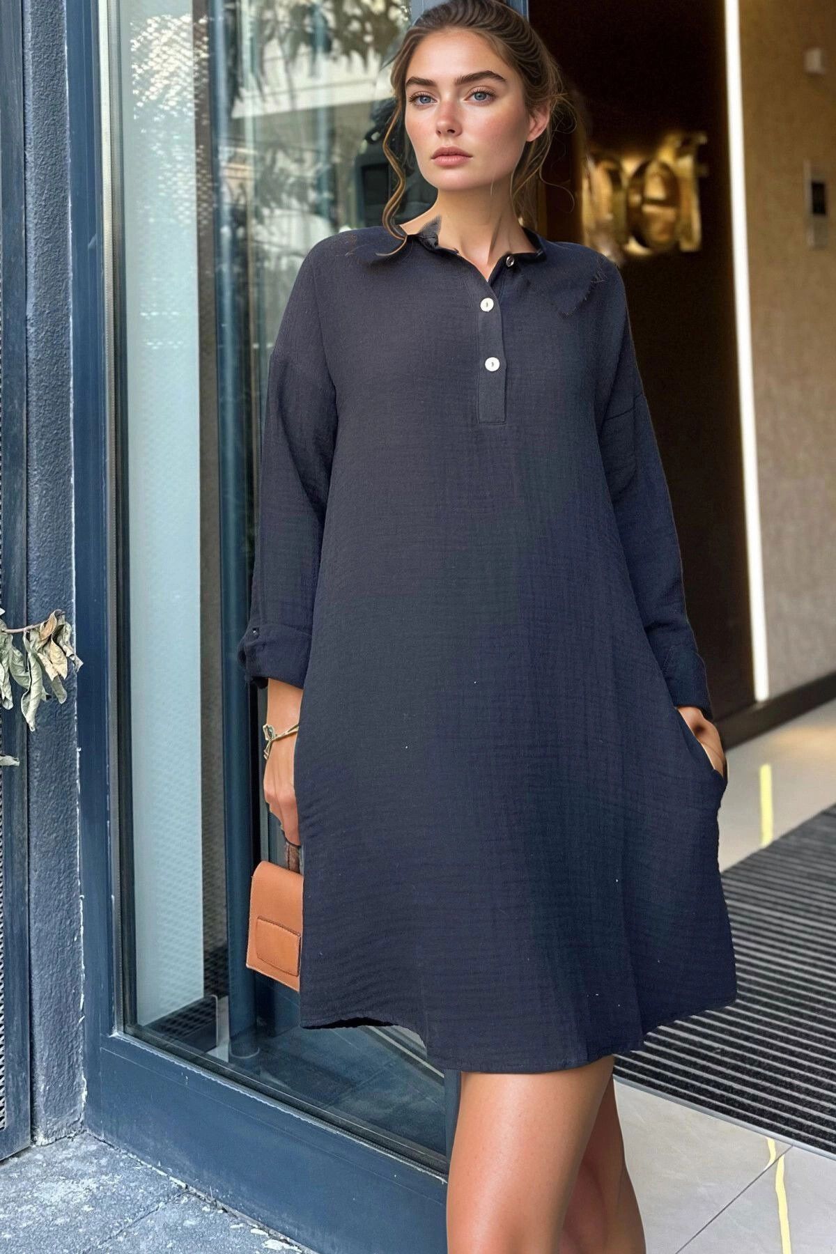 bacc Siyah Oversize Mini Elbise BCBSK-25700-3520