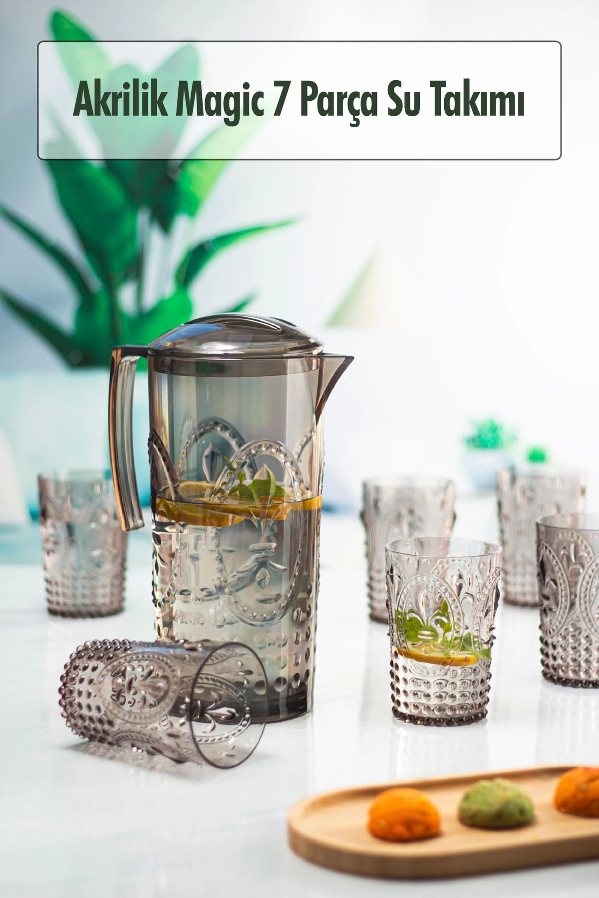 FTT SHOPPING MARKET Akrilik Füme Sürahi 2,3 lt Ve 6'lı & Su Meşrubat Kahve Yanı Bardağı 400 ml Seti ( Cam Değildir )