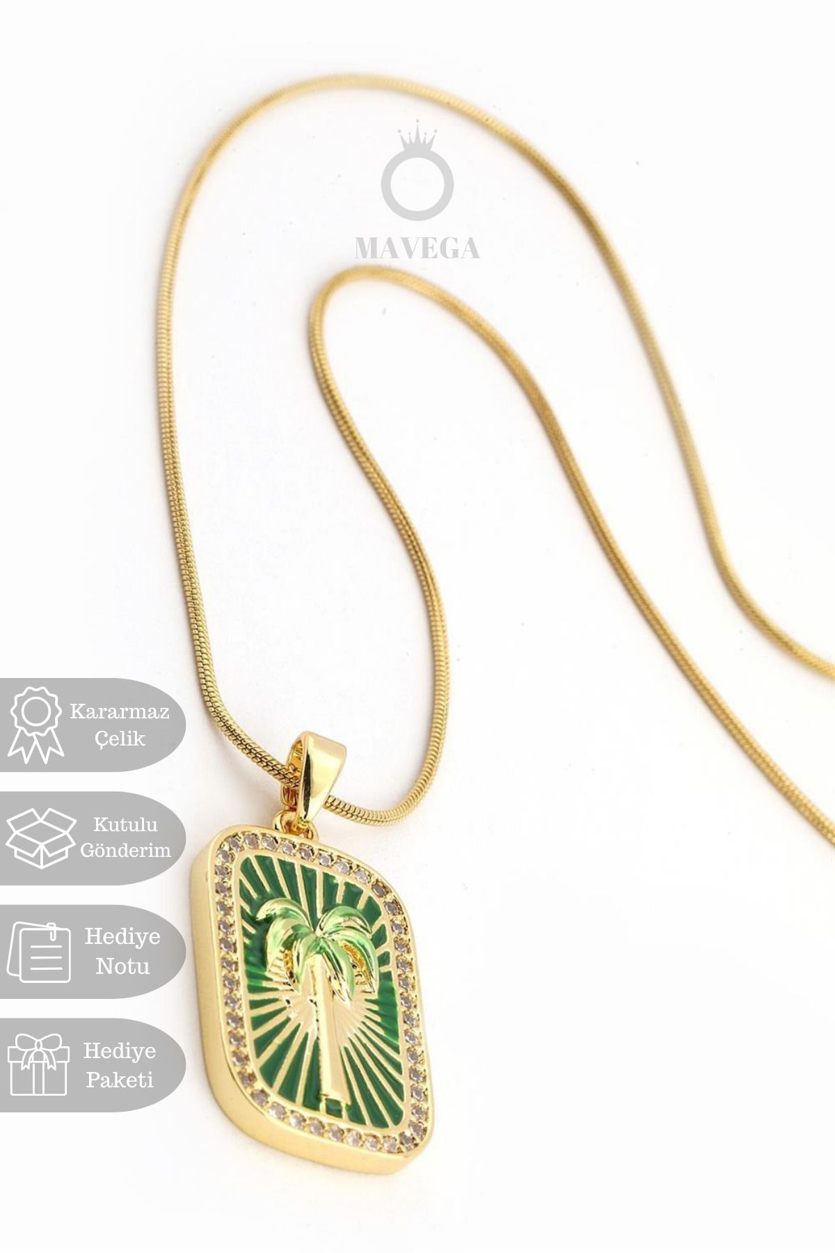 MAVEGA Zirkon Taşlı Kararmaz Çelik Palmiye Tarot Kartı Kolye Kadın Takı | Altın Renk, 45 Cm