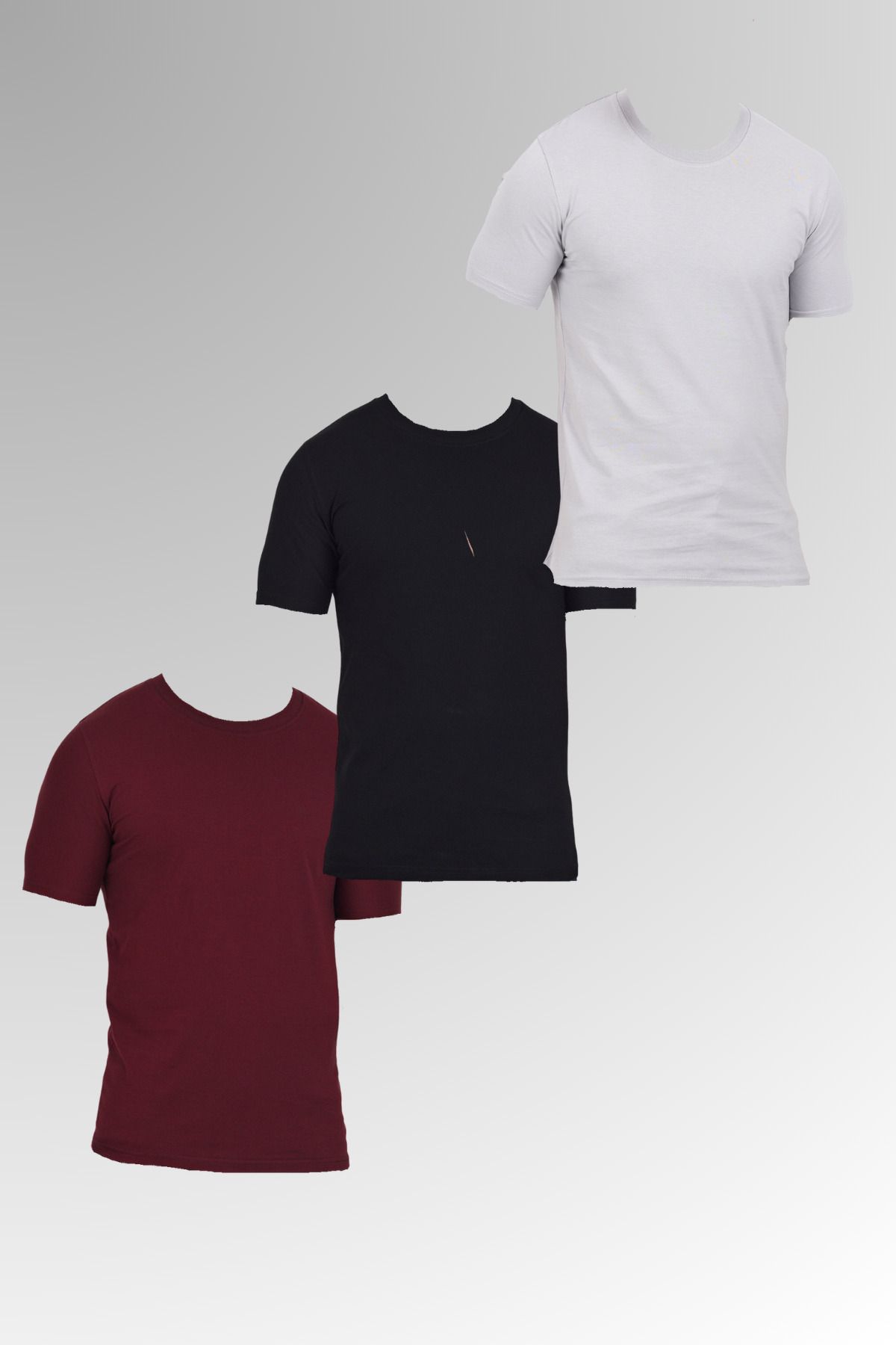 DAMGA JEANS Erkek Pamuklu Bisiklet Yaka Kısa Kollu Dar Yazlık Bordo - Siyah - Gri 3 Lü Basic Tişört Paketi