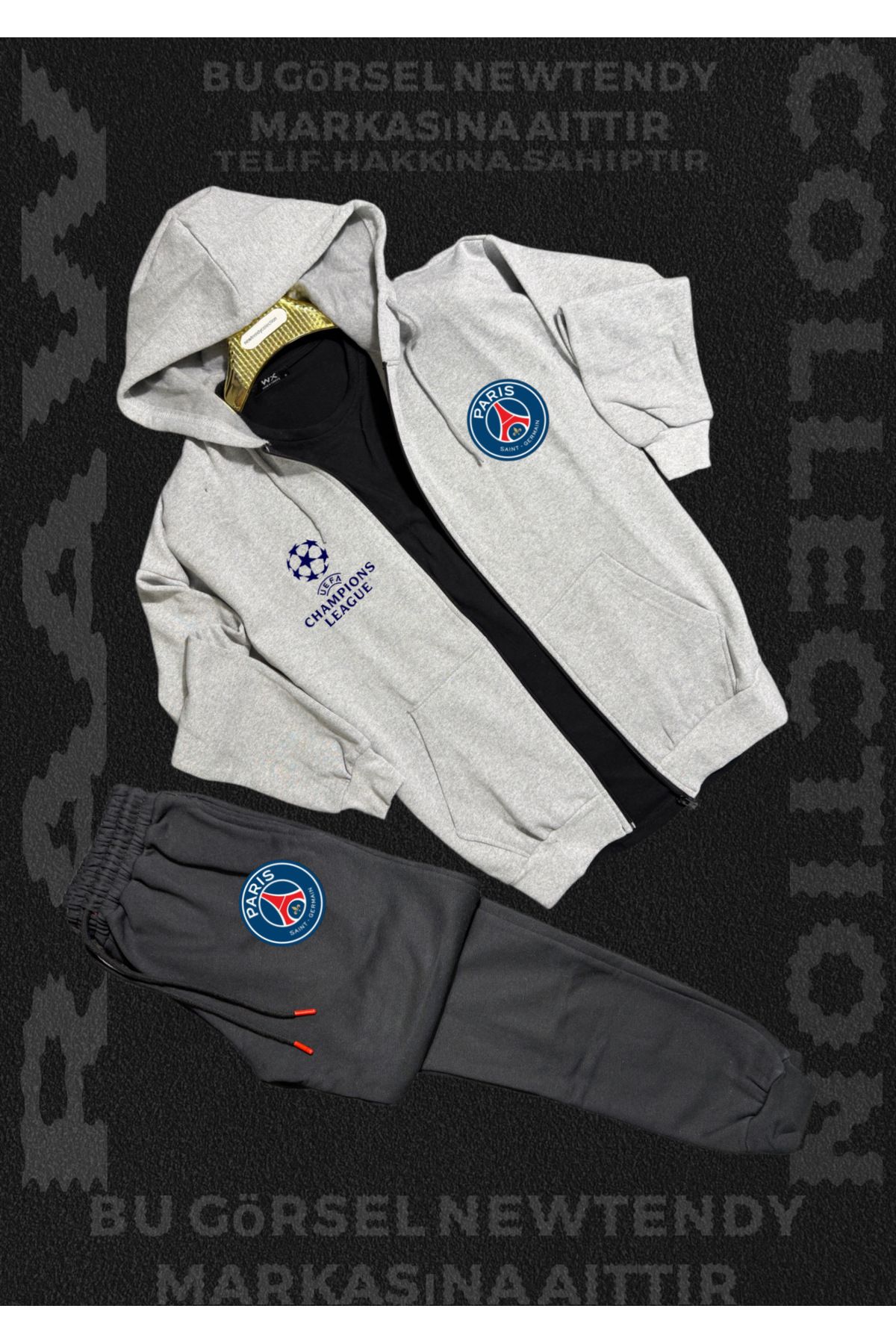 Minikelya Paris Logolu Kapüşonlu Sweat Eşofman Altı Erkek Kombin Şık Spor Takım
