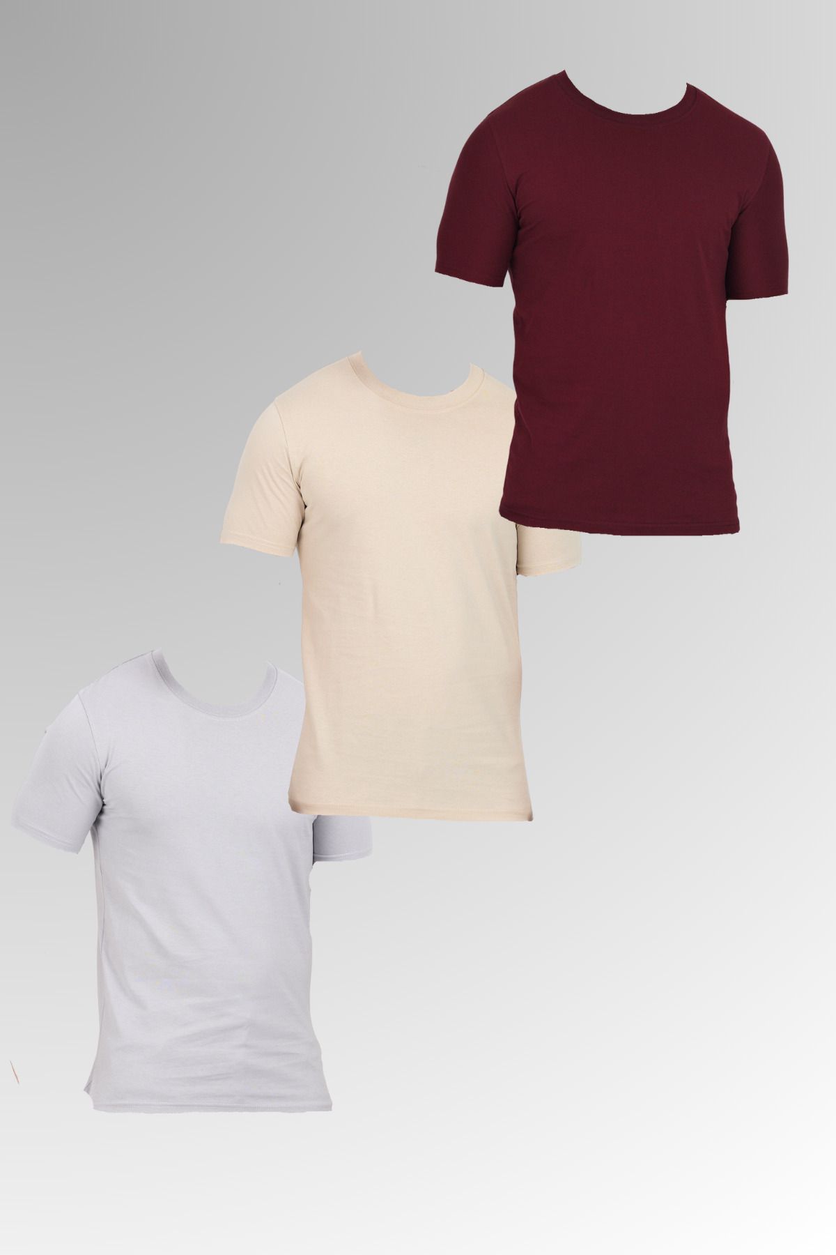 DAMGA JEANS Erkek Pamuklu Bisiklet Yaka Kısa Kollu Dar Yazlık Gri - Krem - Bordo 3 Lü Basic Tişört Paketi
