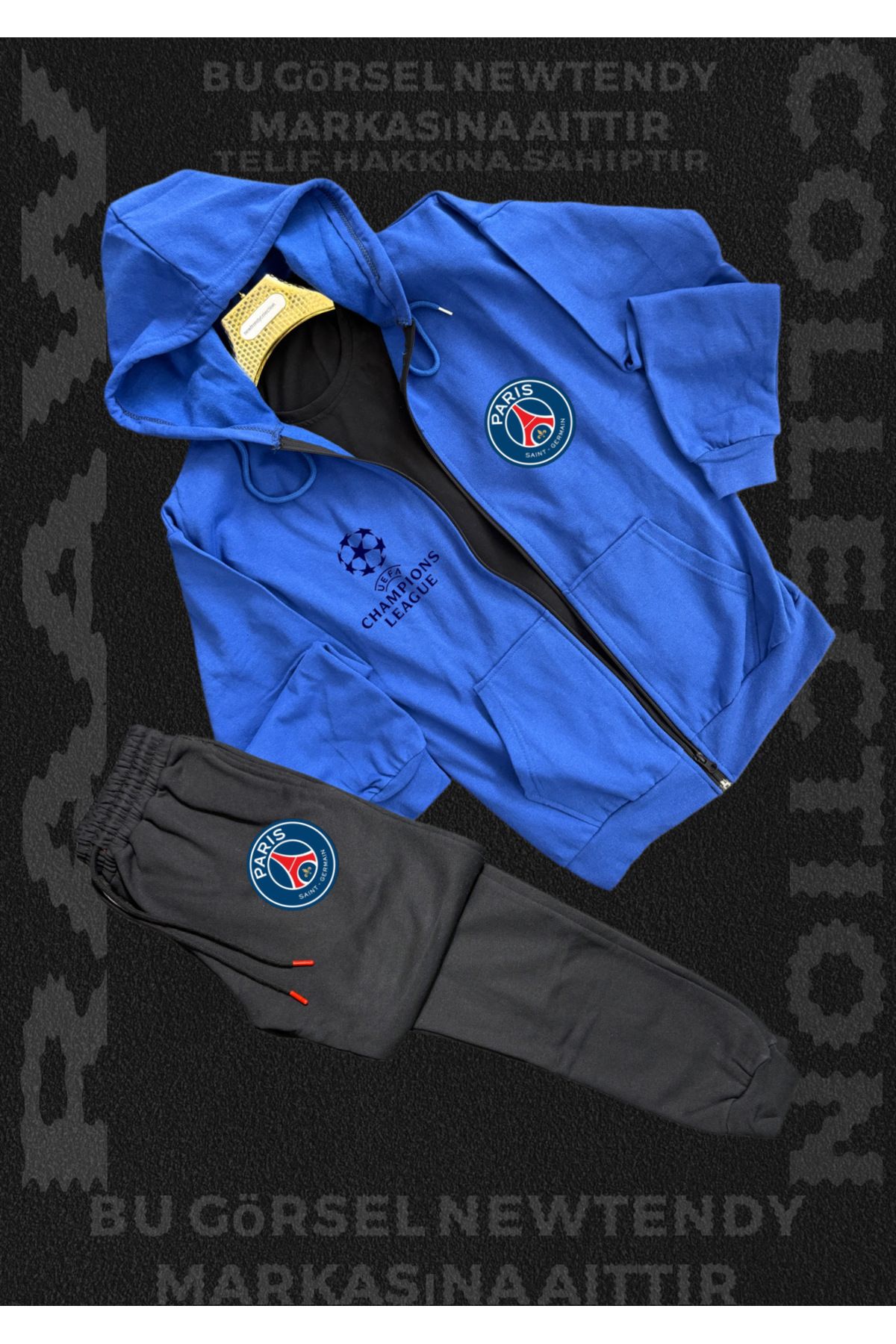 Minikelya Paris Logolu Kapüşonlu Sweat Eşofman Altı Erkek Kombin Şık Spor Takım