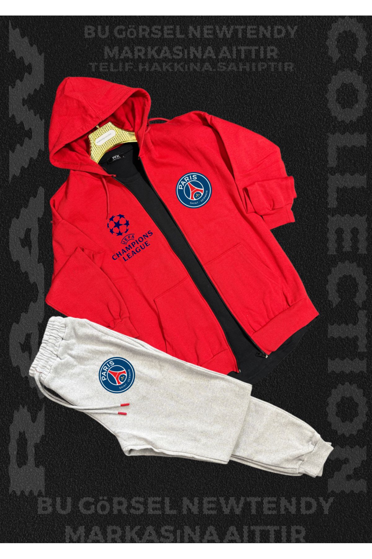 Minikelya Paris Logolu Kapüşonlu Sweat Eşofman Altı Erkek Kombin Şık Spor Takım