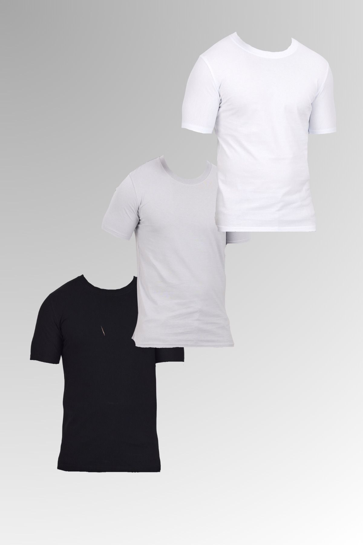 DAMGA JEANS Erkek Pamuklu Bisiklet Yaka Kısa Kollu Dar Yazlık Siyah - Gri - Beyaz 3 Lü Basic Tişört Paketi