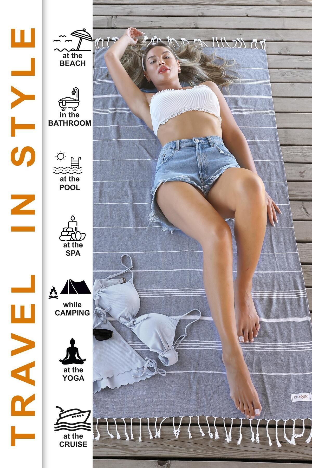 EVELYNEN HOME Evelynen Kot Mavi Peştemal Plaj Havlusu (27 RENK) Pamuk Banyo Havlusu Oversized 90x180 Plaj Havuz