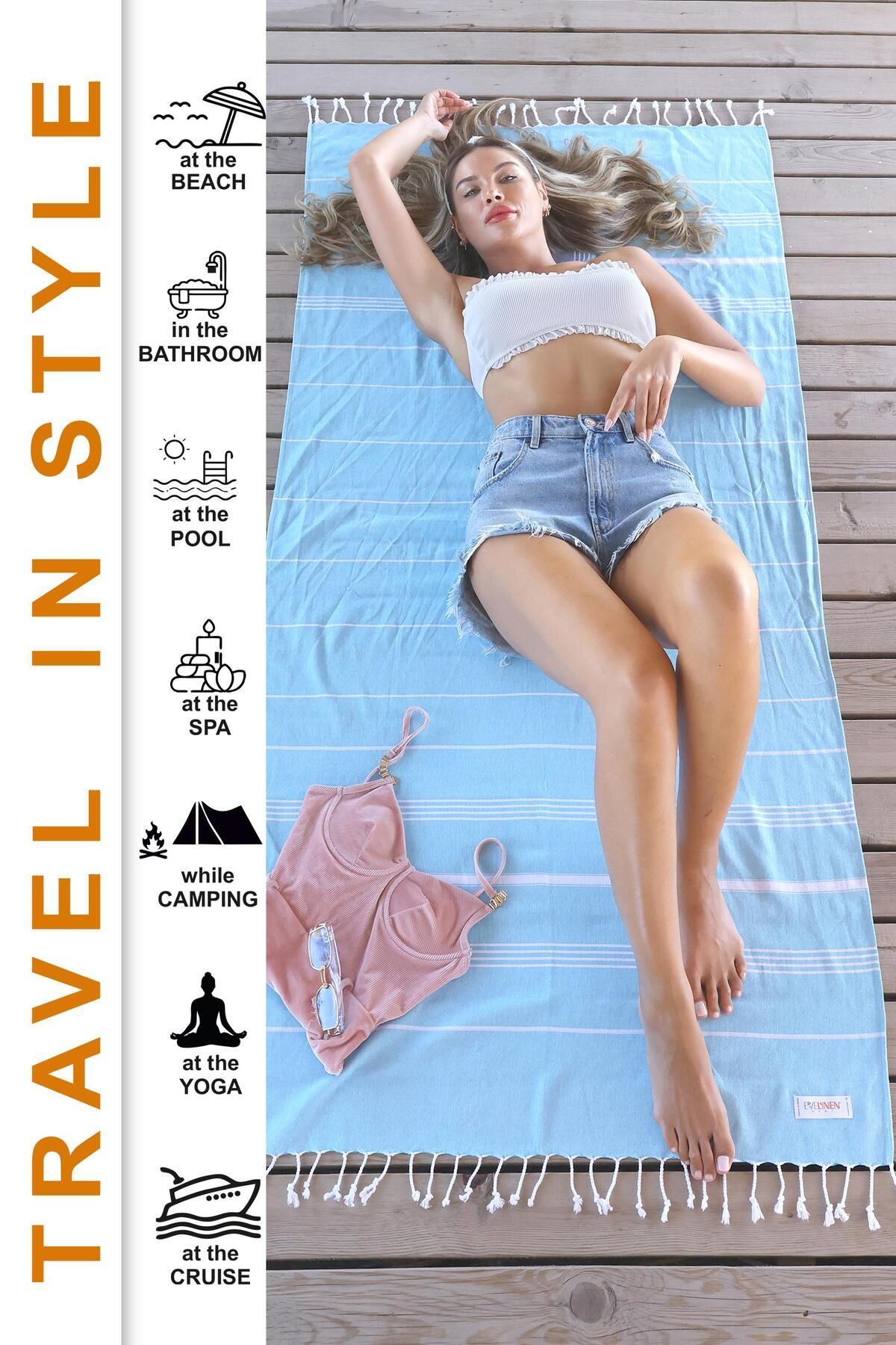 EVELYNEN HOME Evelynen Turkuaz Peştemal Plaj Havlusu (27 RENK) Pamuk Banyo Havlusu Oversized 90x180 Plaj Havuz
