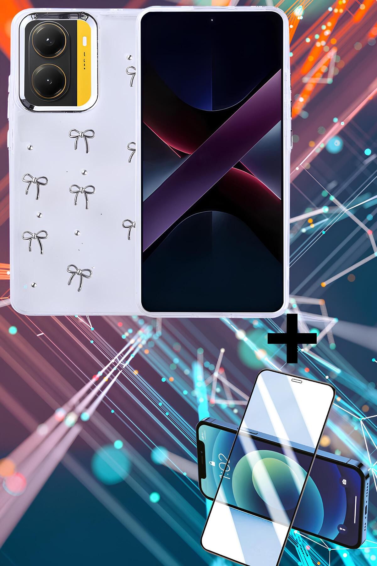 Hatreds Xiaomi Poco X7 Pro Kılıf Kabartmalı Desenli Tasarım Şeffaf Yapılı Kapak + Ekran Koruyucu