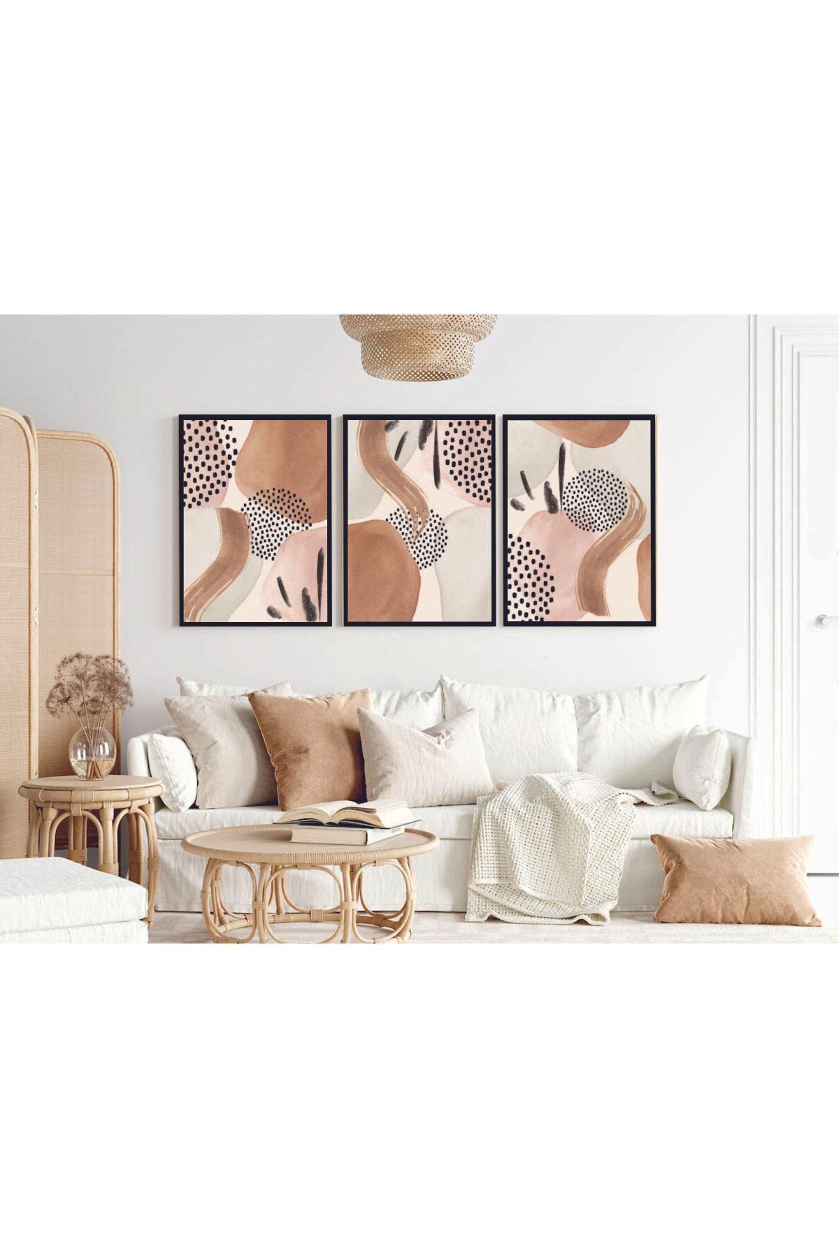 Artte Ahşap Çerçeveli Modern Soyut 3lü Tablo – Pastel Tonlarda Minimalist Fırça Desenli Tablo"
