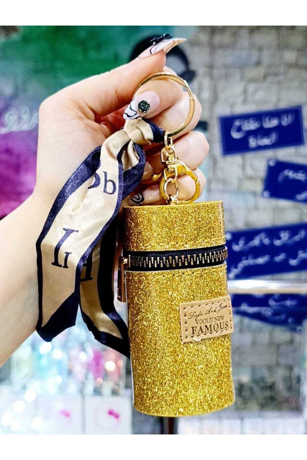 Fivy Fular Detaylı Parlak Simli Ruj Kutusu Charm, Anahtarlık, Mini Cüzdan Charm