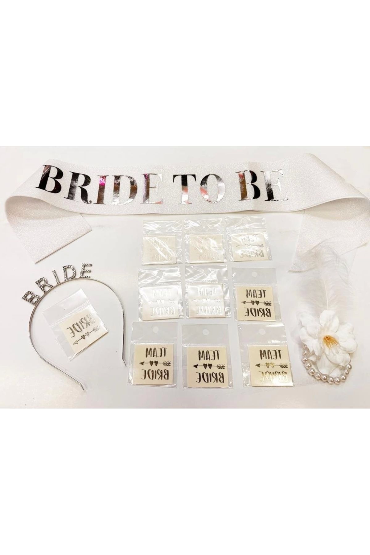 FTT SHOPPING MARKET Nessiworld Gümüş Renk Bride Partisi Taç Kuşak Dövme Bileklik Seti Full 13 Parça