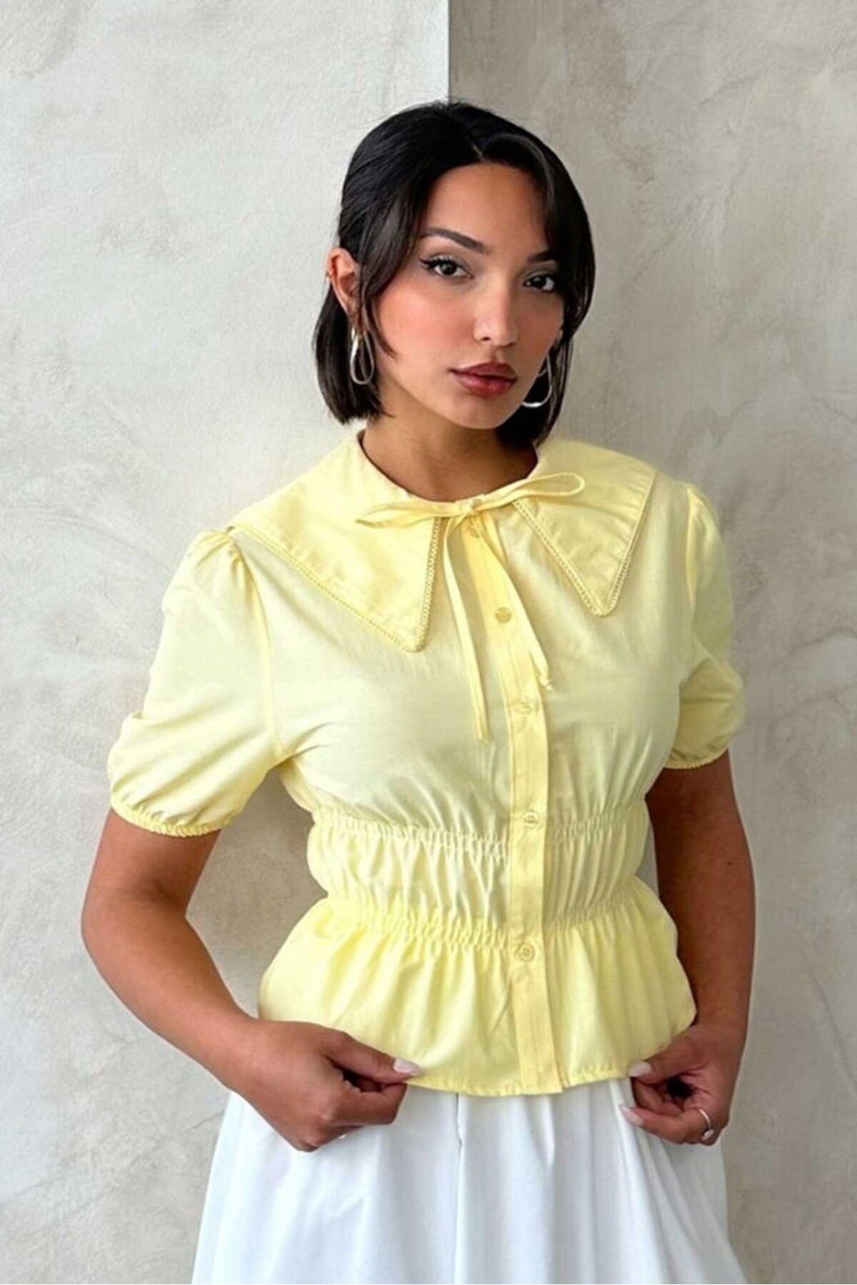 Castivo Fashion Fiyonk Yakalı Büzgü Detaylı Vintage Gömlek