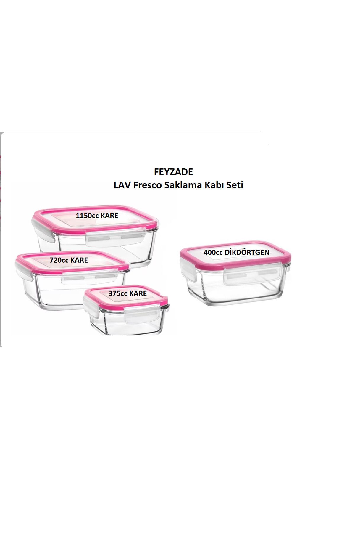 LAV Feyzade Fresco Kilitli Cam Saklama Kabı Seti PEMBE Kapak 4 Adet (1150CC-720CC-400CC-375CC)