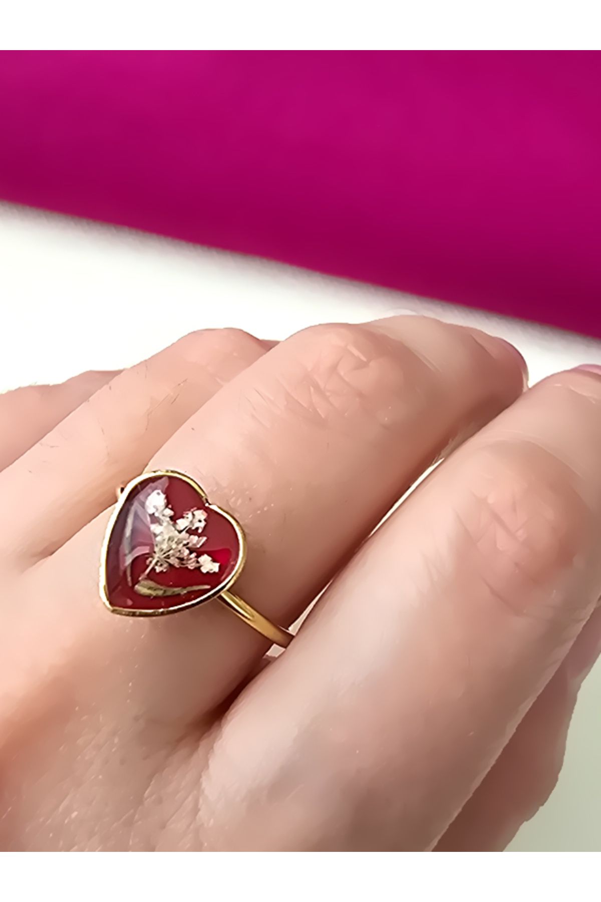 Riccoco Accessory Gerçek Sultan Çiçeği Epoksi Çelik Ayarlanabilir Kalp Yüzük
