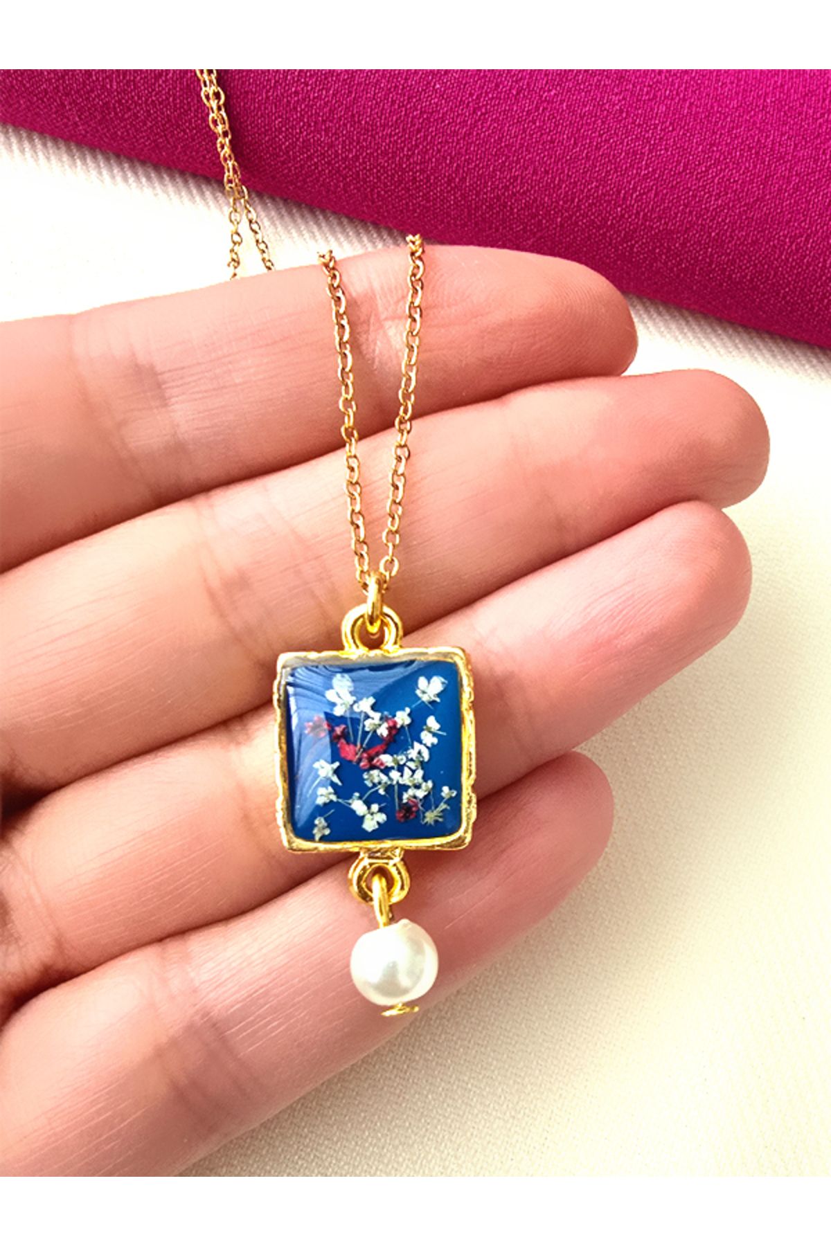 Riccoco Accessory Gerçek Sultan Çiçeği Çelik Zincir Epoksi Kolye