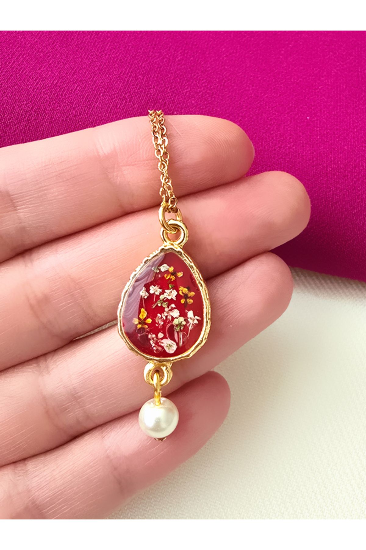 Riccoco Accessory Gerçek Sultan Çiçeği Çelik Zincir Epoksi Kolye
