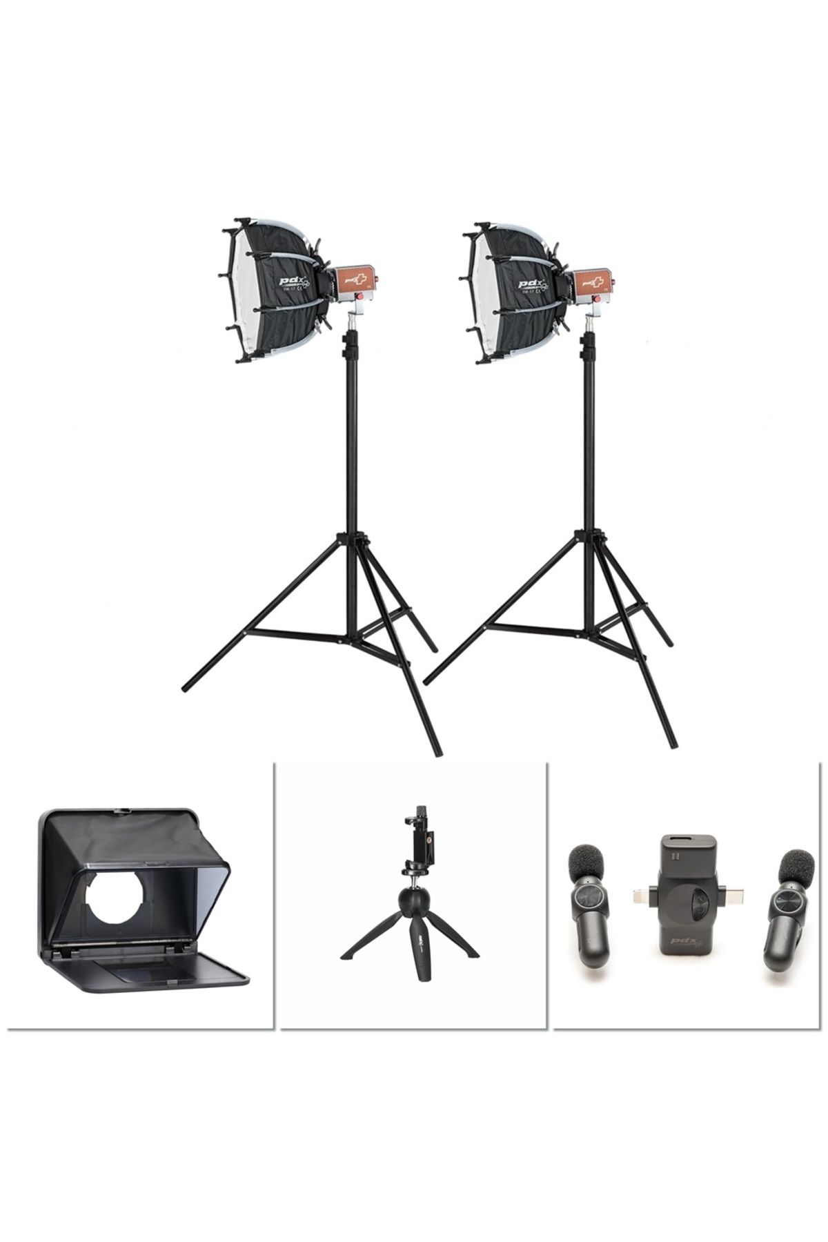 PDX KY-BKO323 İkili Led Işık, Lensgo TC7 Prompter, PDX V5 İkili Mikrofon ve Tripod Kit