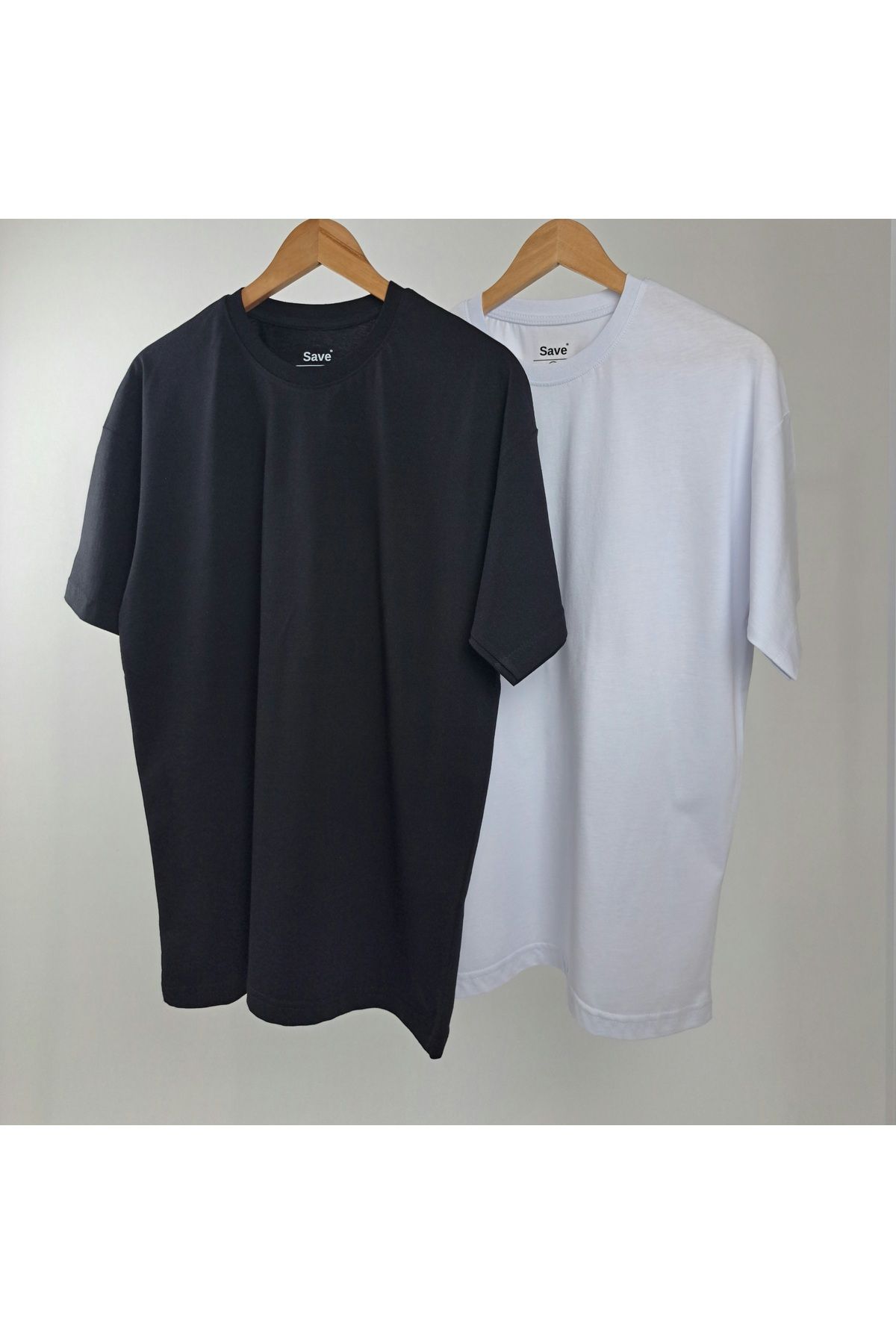 SAVE Unisex Kadın / Erkek 2 li Kısa Kollu Düz Siyah-Beyaz Tişört Oversize kalıp T-shirt