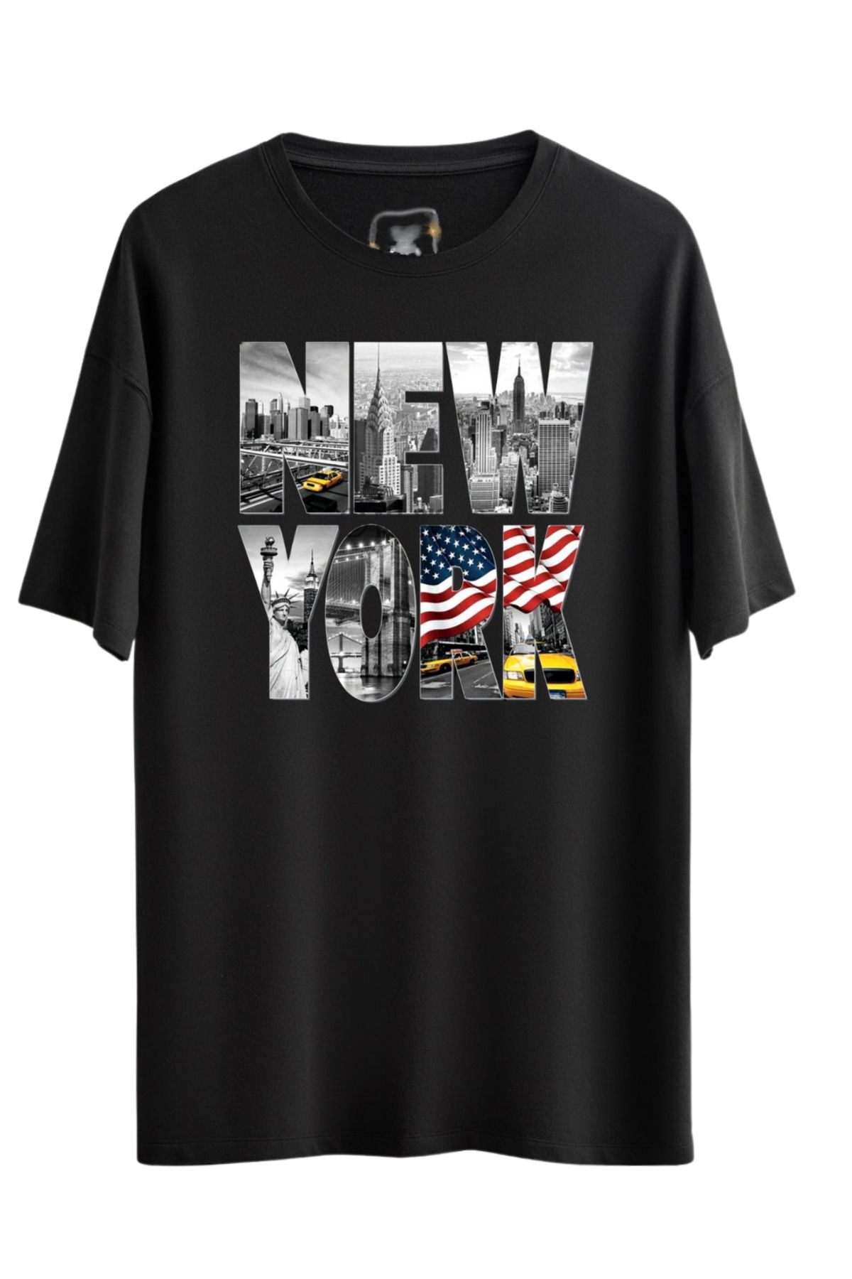 MODA BOL KESİM NEW YORK BASKILI OVERSİZE OMUZU DÜŞÜK T-SHİRT %100 PAMUK