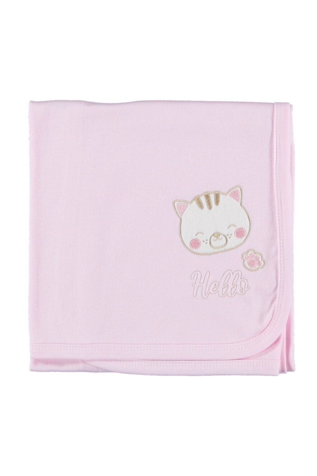 bipamuk Çift Kat Penye Bebek Battaniyesi Nakışlı Küçük Kedi Deseni, Unisex Hediyelik Battaniye