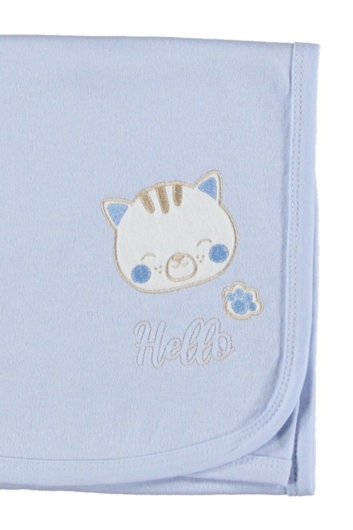 bipamuk Çift Kat Penye Bebek Battaniyesi Nakışlı Küçük Kedi Deseni, Unisex Hediyelik Battaniye