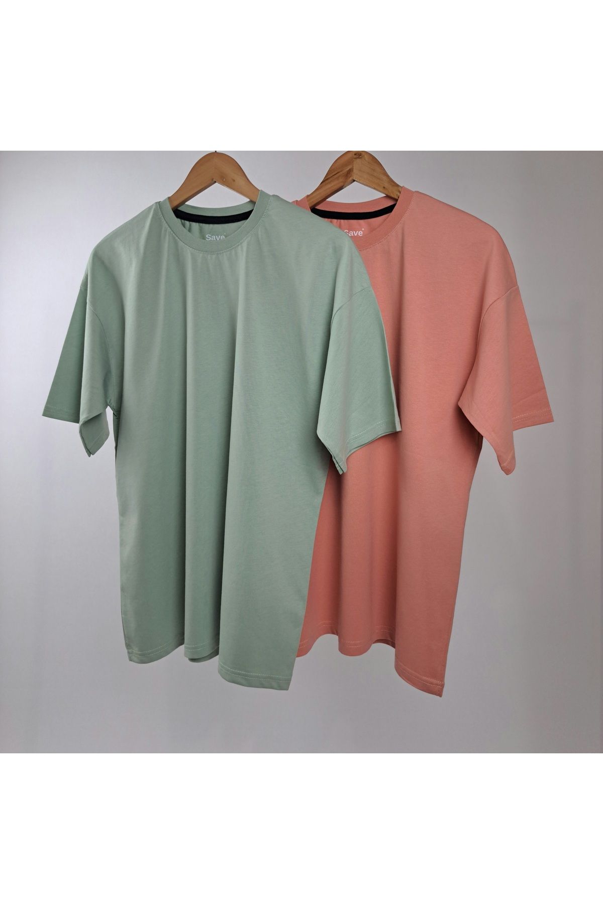 SAVE Unisex Kadın / Erkek 2 li Kısa Kollu Düz Nar çiçeği-Su Yeşili Tişört Oversize kalıp T-Shirt