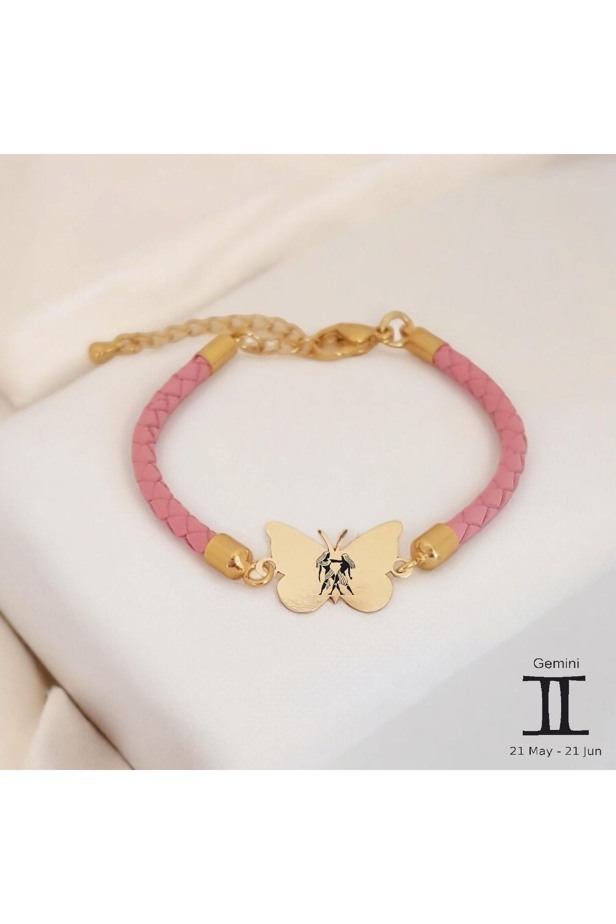 ARCHINO GOLD Kelebek Motifli Hakiki Derili 14 Ayar Altın Plakalı Bayanlara İkizler Burcu Bilekliği-429burç-pembe