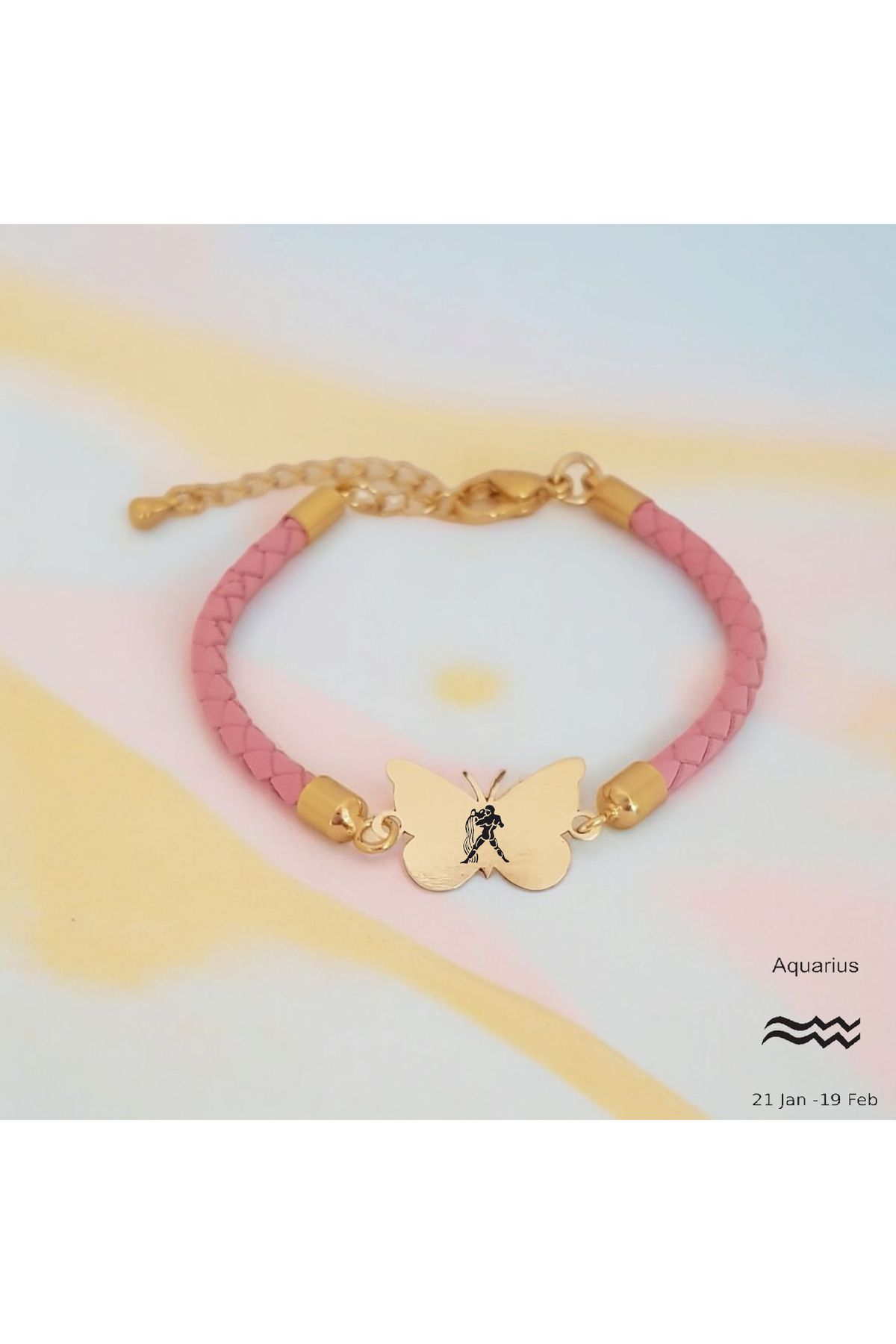 ARCHINO GOLD Kelebek Motifli Hakiki Derili 14 Ayar Altın Plakalı  Kova Burcu Bilekliği-429burç-pembe