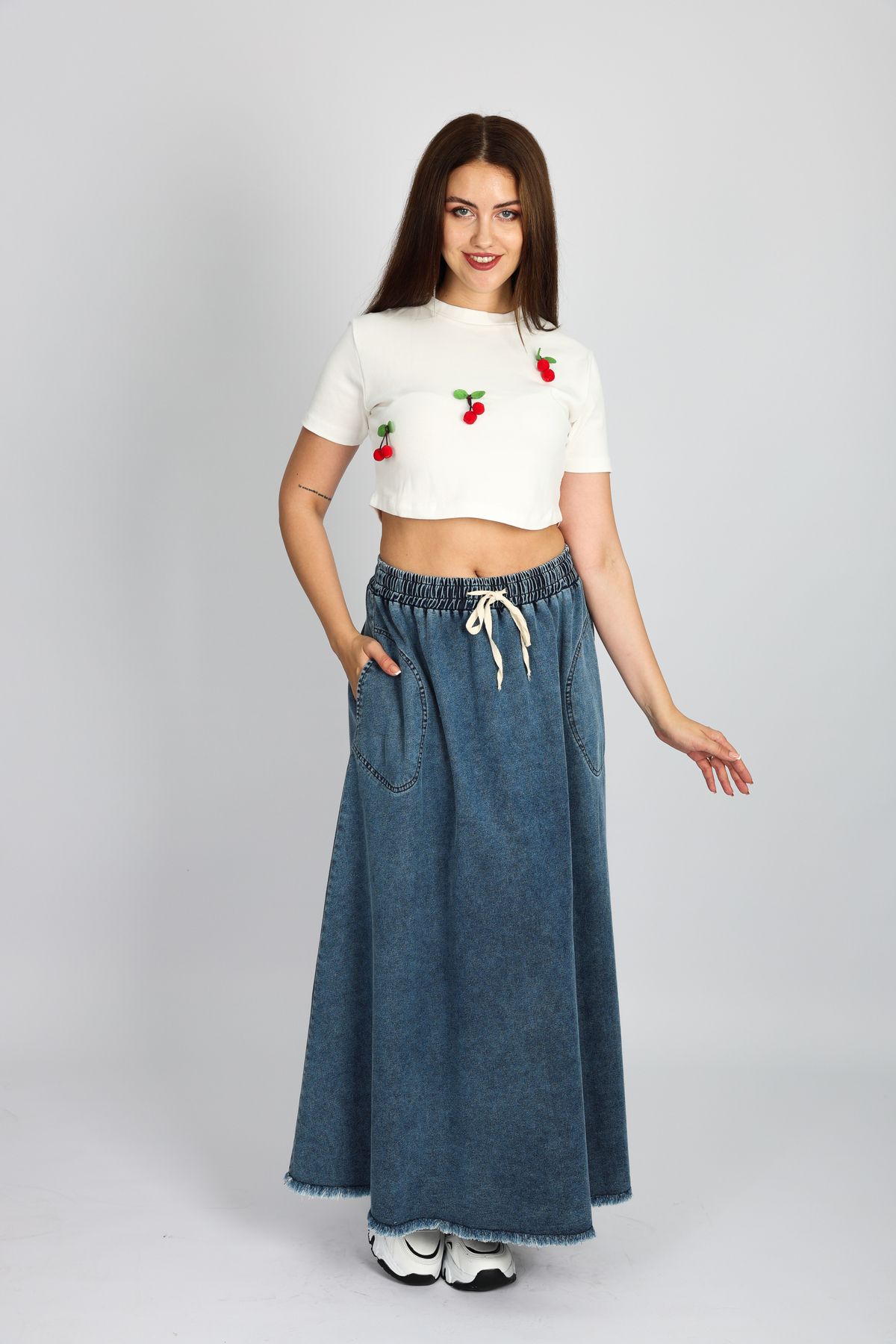 MODA BELİ LASTİKLİ KOT ETEK