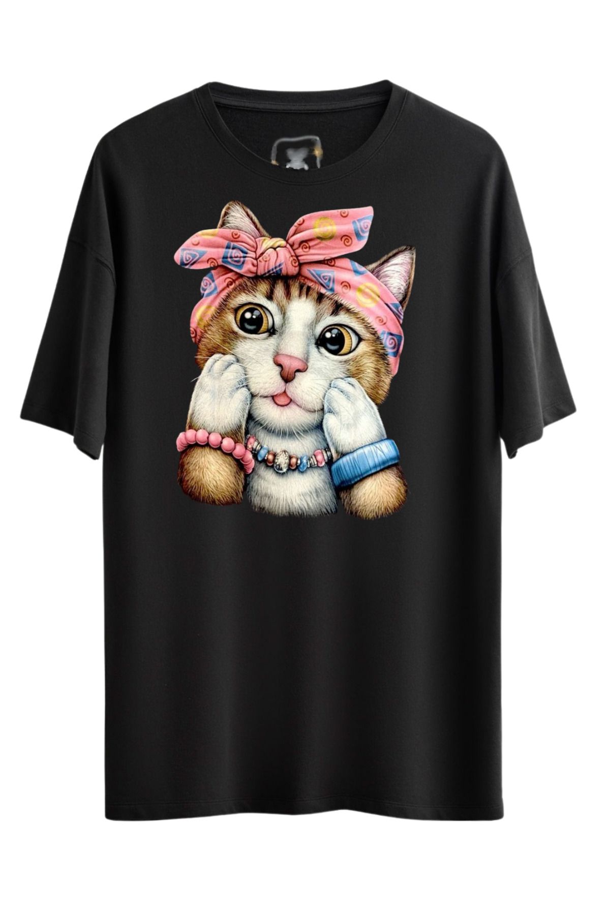 MODA BOL KESİM ŞİRİN KEDİ BASKILI OVERSİZE OMUZU DÜŞÜK T-SHİRT %100 PAMUK SİYAH
