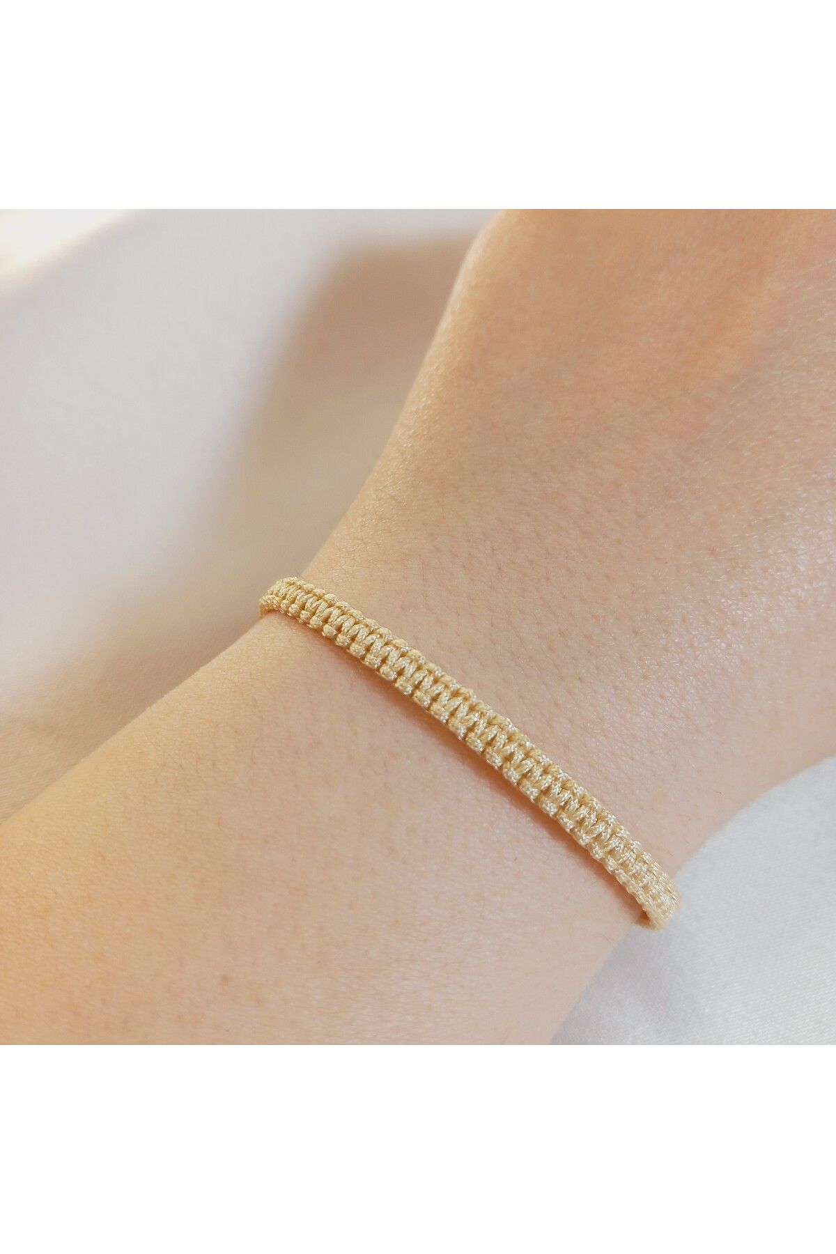 Crystal Atelier Unisex Krem Makrome Örgü Asansörlü Ayarlanabilir Bileklik-Hediyelik Bileklik-İp Bileklik