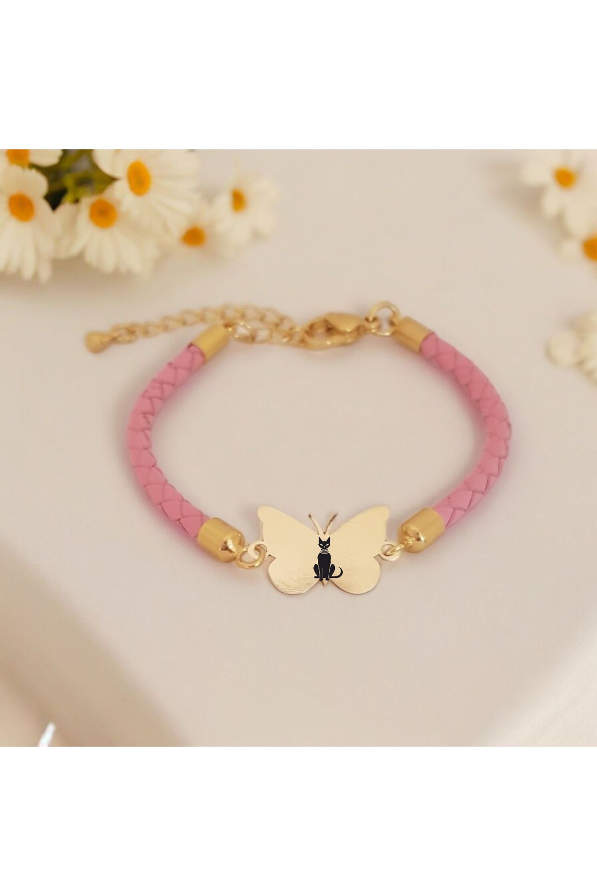 ARCHINO GOLD Bayanlara Kelebek Motifli 14 Ayar Altın Plakalı Özgün Derili Kedi Bilekliği-429sembol-pembe