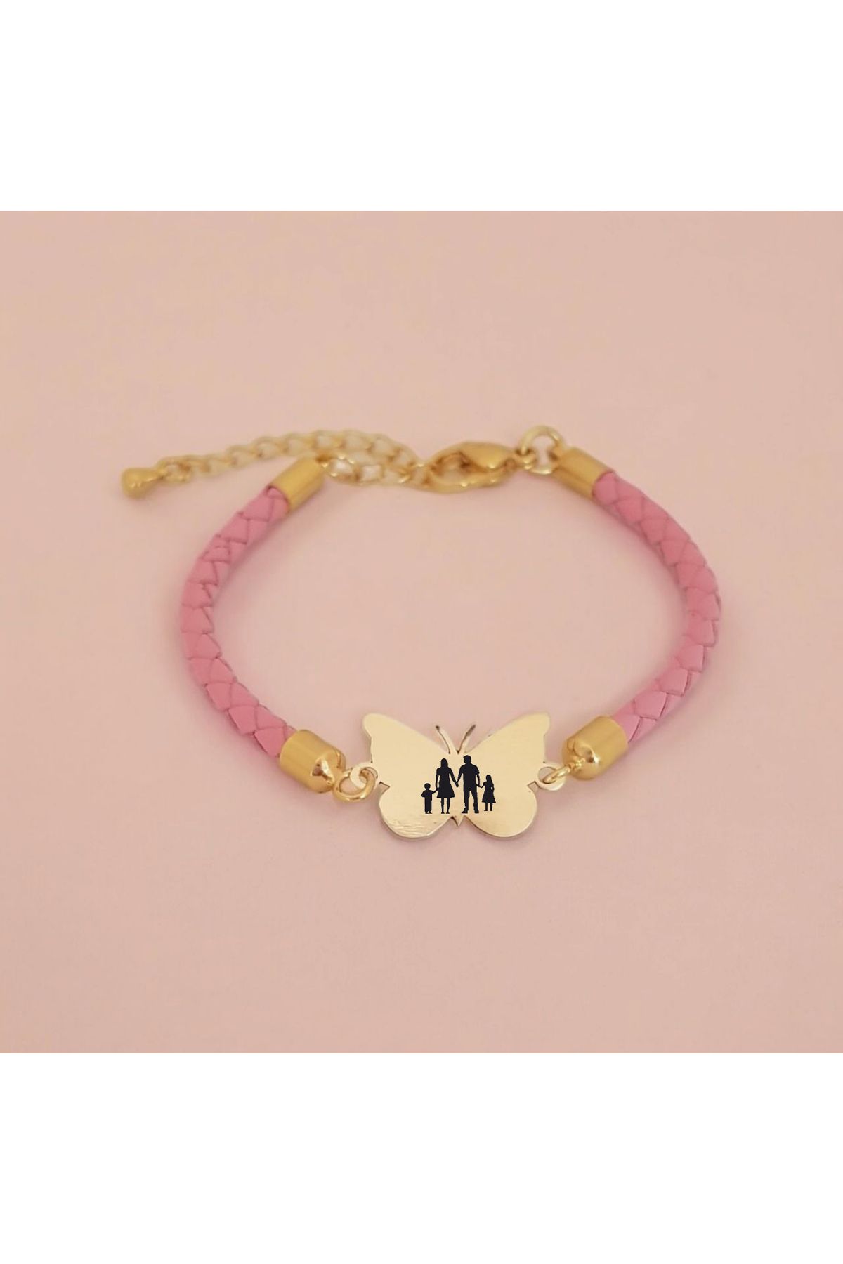 ARCHINO GOLD Kelebek Motifli 14 Ayar Altın Plakalı Bayanlara Özgün Derili Aile Bilekliği-429sembol-pembe