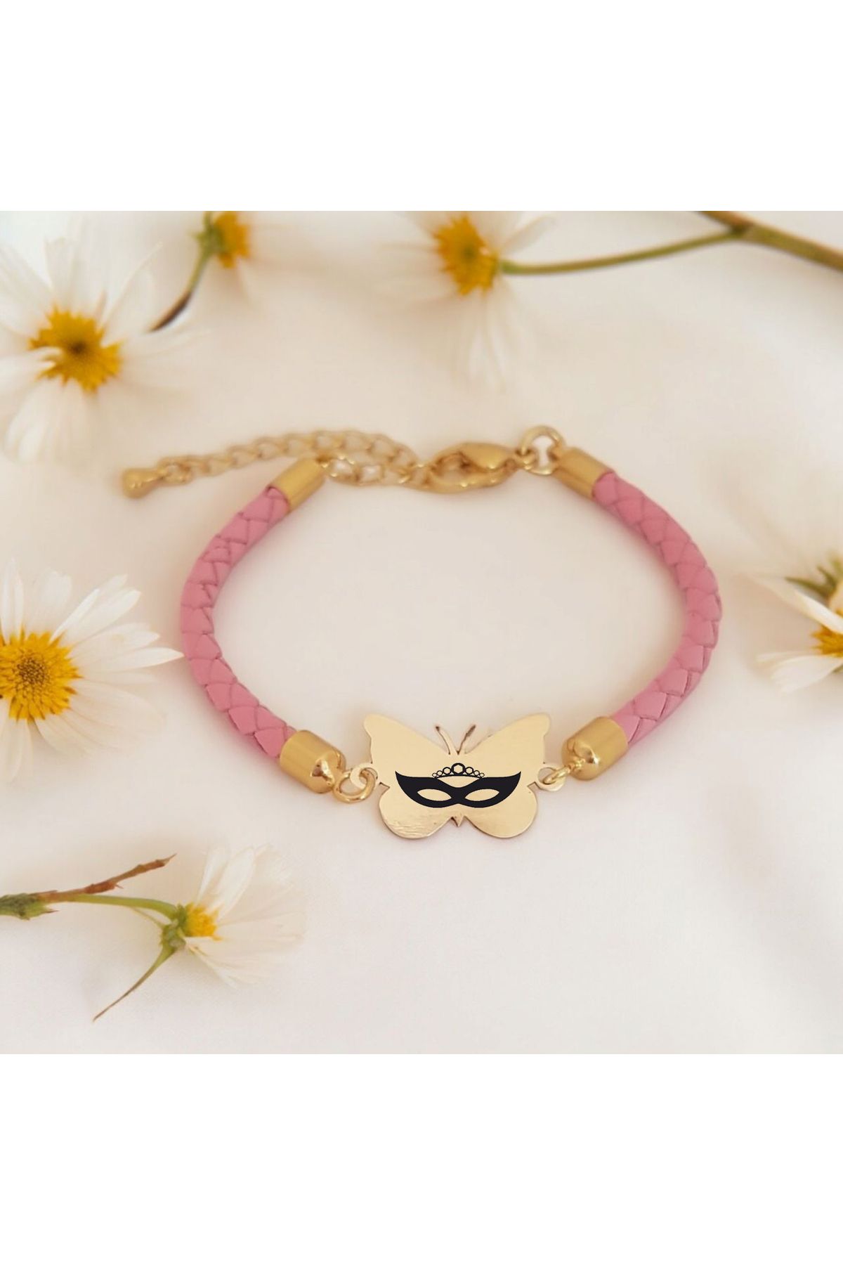 ARCHINO GOLD Kelebek Motifli 14 Ayar Altın Plakalı Bayanlara Özgün Derili Bal Maske Bilekliği-429sembol-pembe