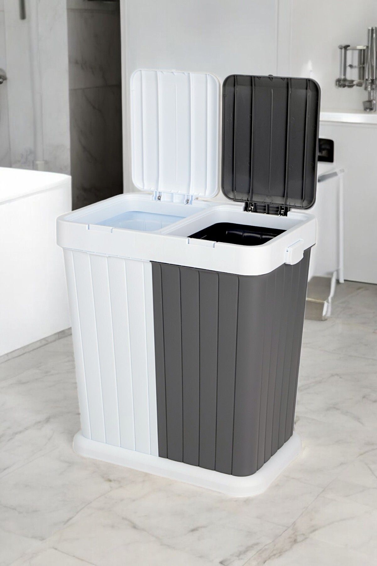 İronika İronika Dokunmatik Kapaklı 2 Bölmeli Kirli Temiz Çamaşır Sepeti Oyuncak Sepeti 80LT Antrasit-Beyaz