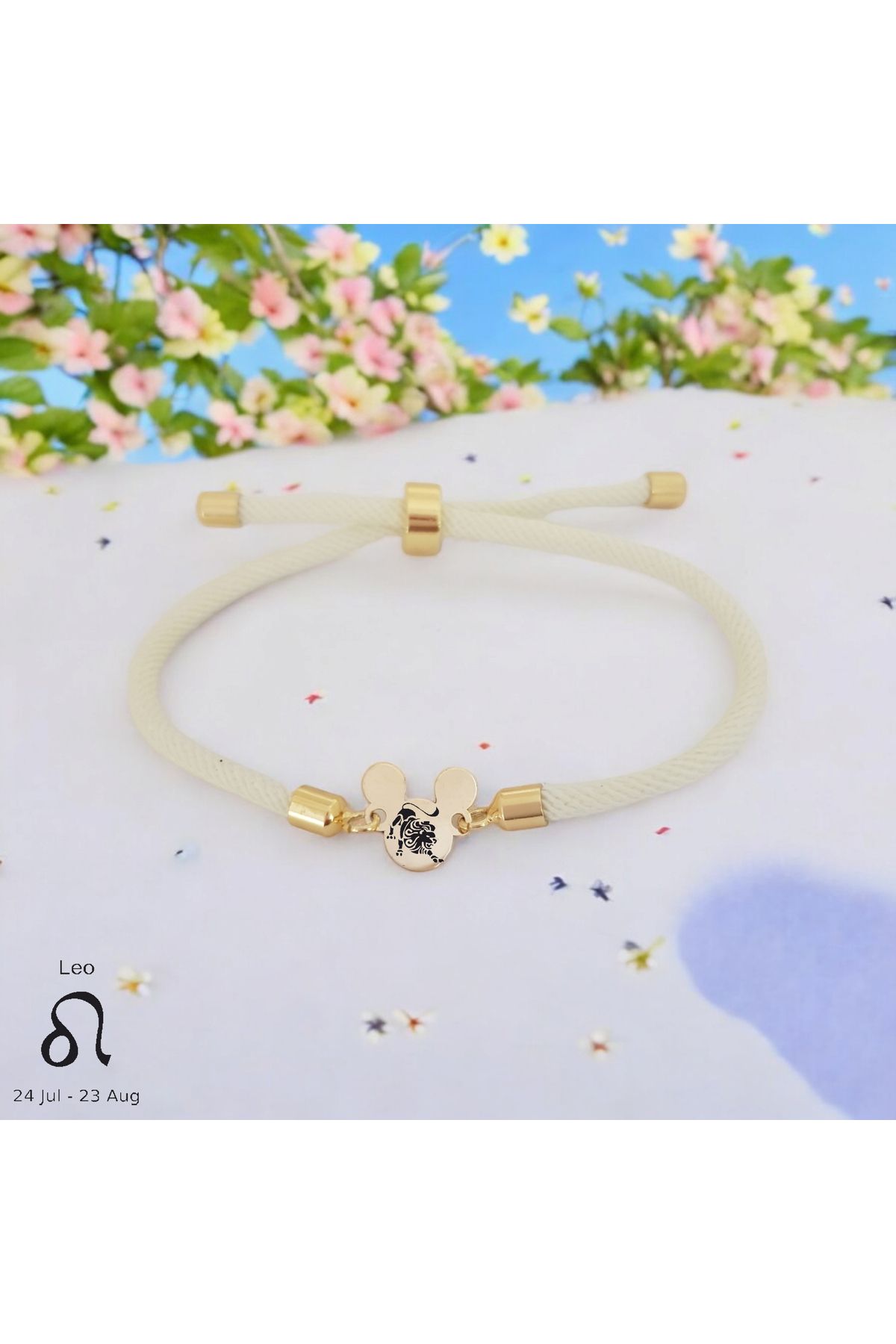 ARCHINO GOLD 14 Ayar Altın Plakalı Mickey Mouse Motifli Örgülü Bayanlara Aslan Burcu Bilekliği-430burç-beyaz
