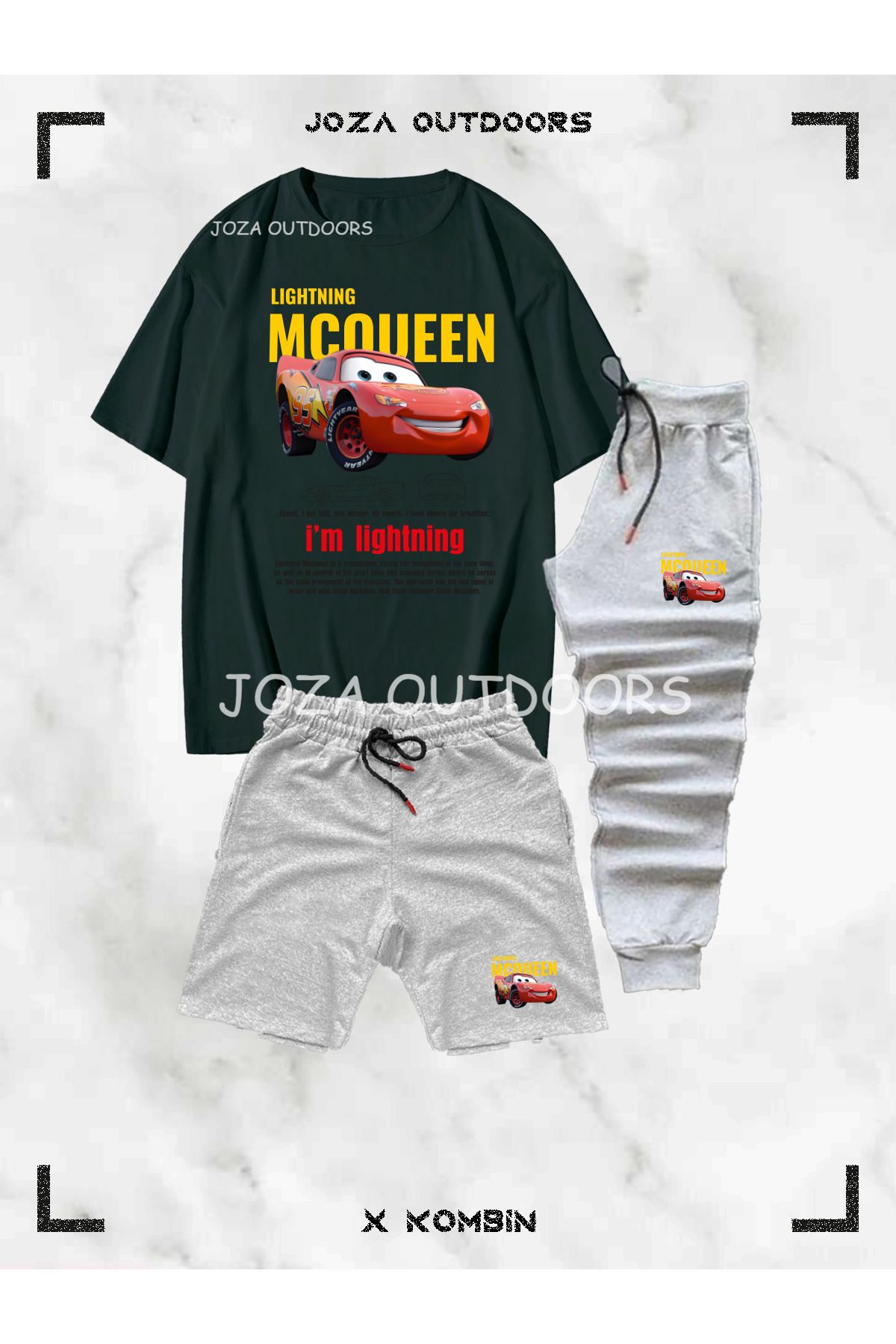 Jobia Outdoors Erkek Renkli Mcqueen Baskılı 3'lü Kombin Takım ( Oversize tişört-şort-eşofman Altı)