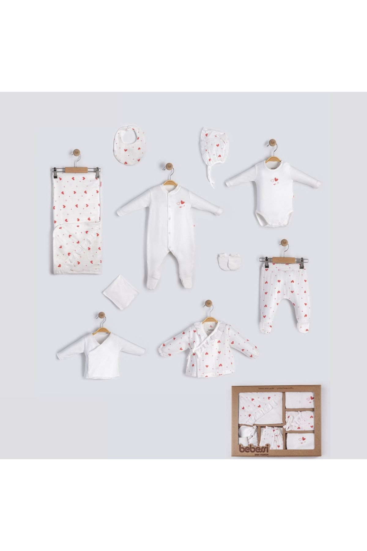 Pure Kids Store %100 Organik Pamuk Müslin Kumaş Kalp Desenli 10’lu Kız Bebek Yenidoğan Hastane Çıkış Seti