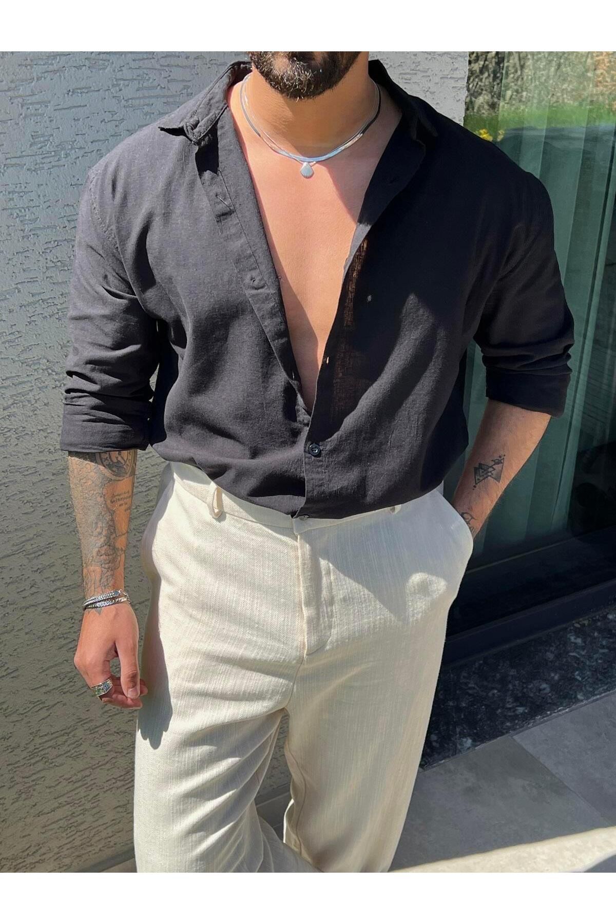 Elzem Yıkamalı Keten Oversize Gömlek Siyah