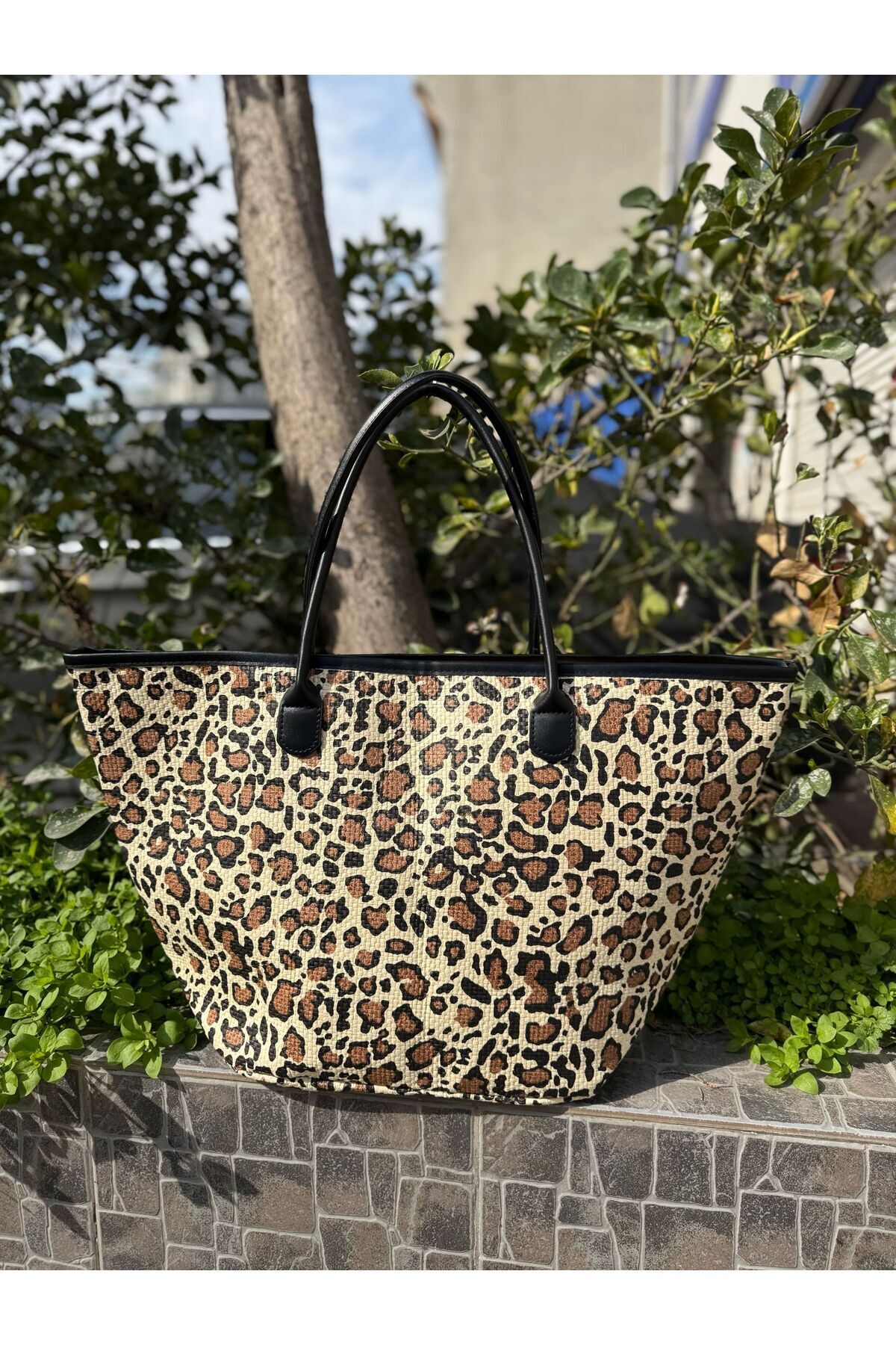 MARBERRY Siyah Leopar Desenli Hasır Kadın Çanta